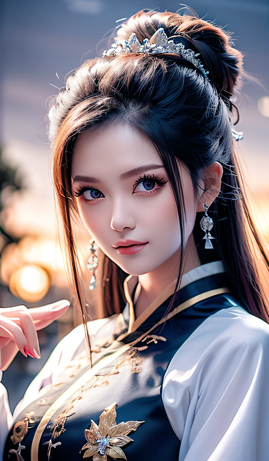 top-quality、tmasterpiece、A high resolution、Wuxi 1girl、Silver cheongsam、((Super beautiful face))、Super beautiful eyes、Super beautiful hair、nedium breasts、Naked of breast、Sexy cleavage、very detailed breasts、