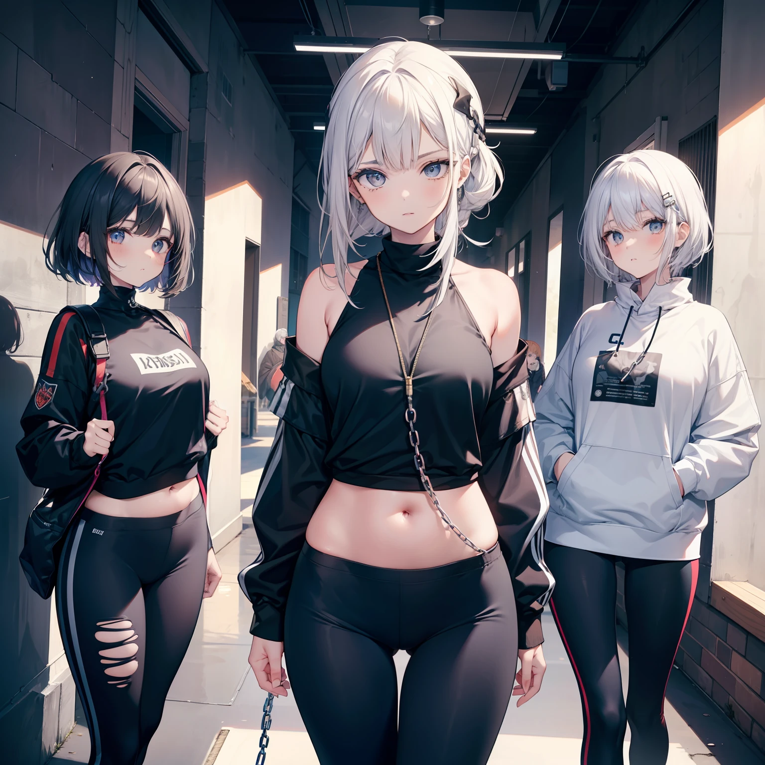 corpo bonito, cara bonita, 3 s juntas, meninavelha, Cabelos ruivos claros, olho, chain around neck, ombros, moletom, legging pants, peito grande, barriga, cintura fina, pernas grossas, coxas grossas, Background scenario randomly looking at the viewer