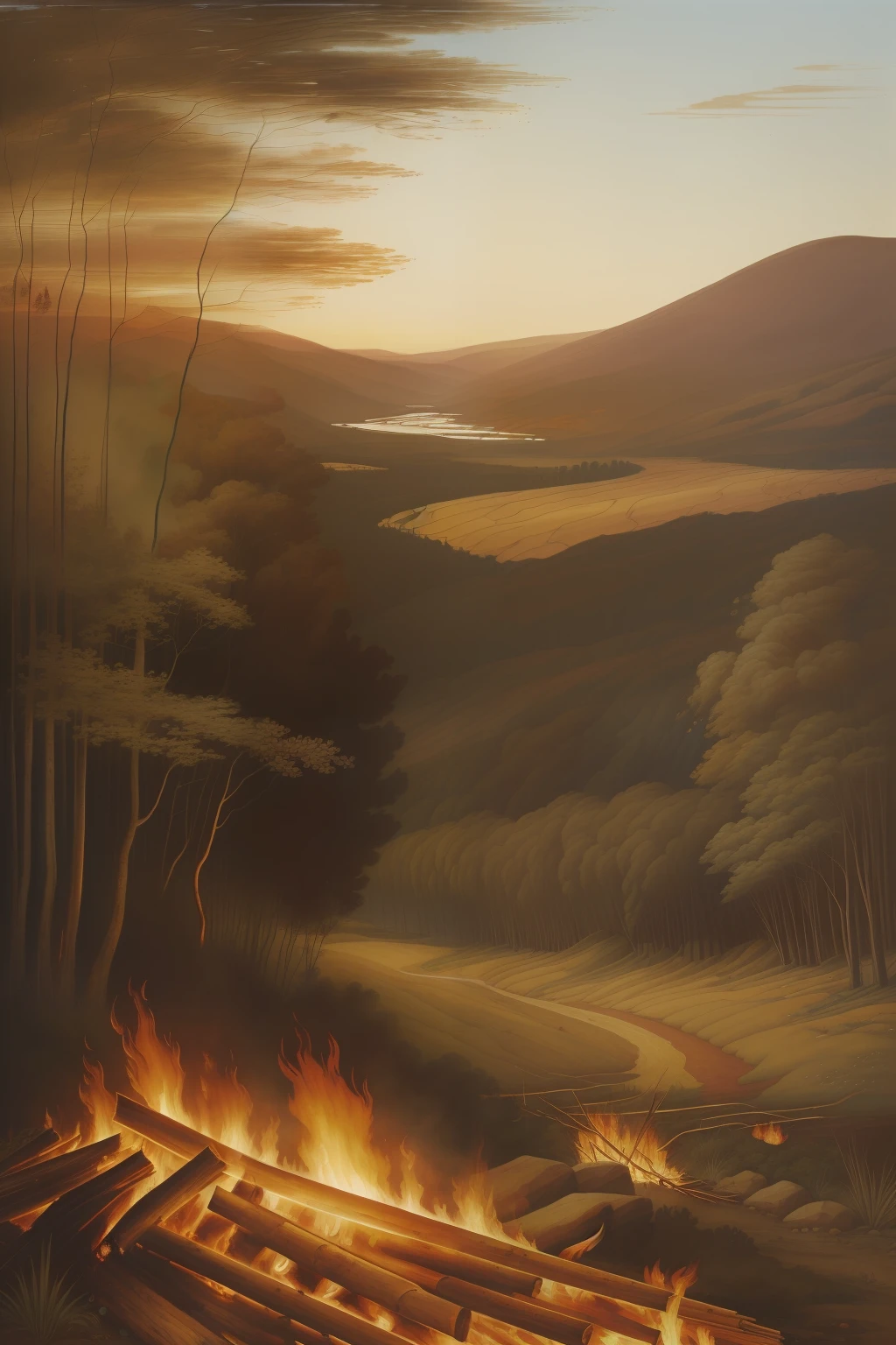 Smoke column, forest fire. "(((Pre-Raphaelite landscape painting of a large bonfire, chamas, fogo, floresta em chamas, fire))). (((nenhuma figura humana)))"