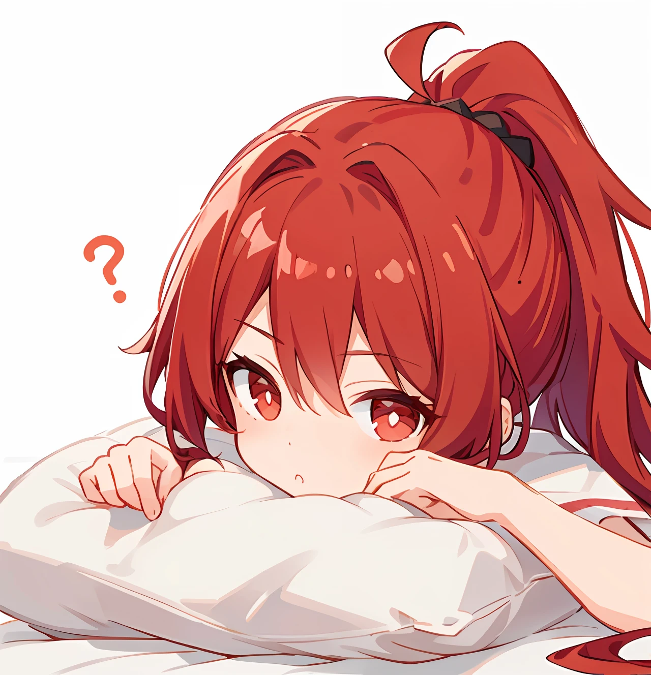 One with a high ponytail,red tinted hair,Girls with slightly cute girls,Simple lines,Lie down in bed, style,Pouting