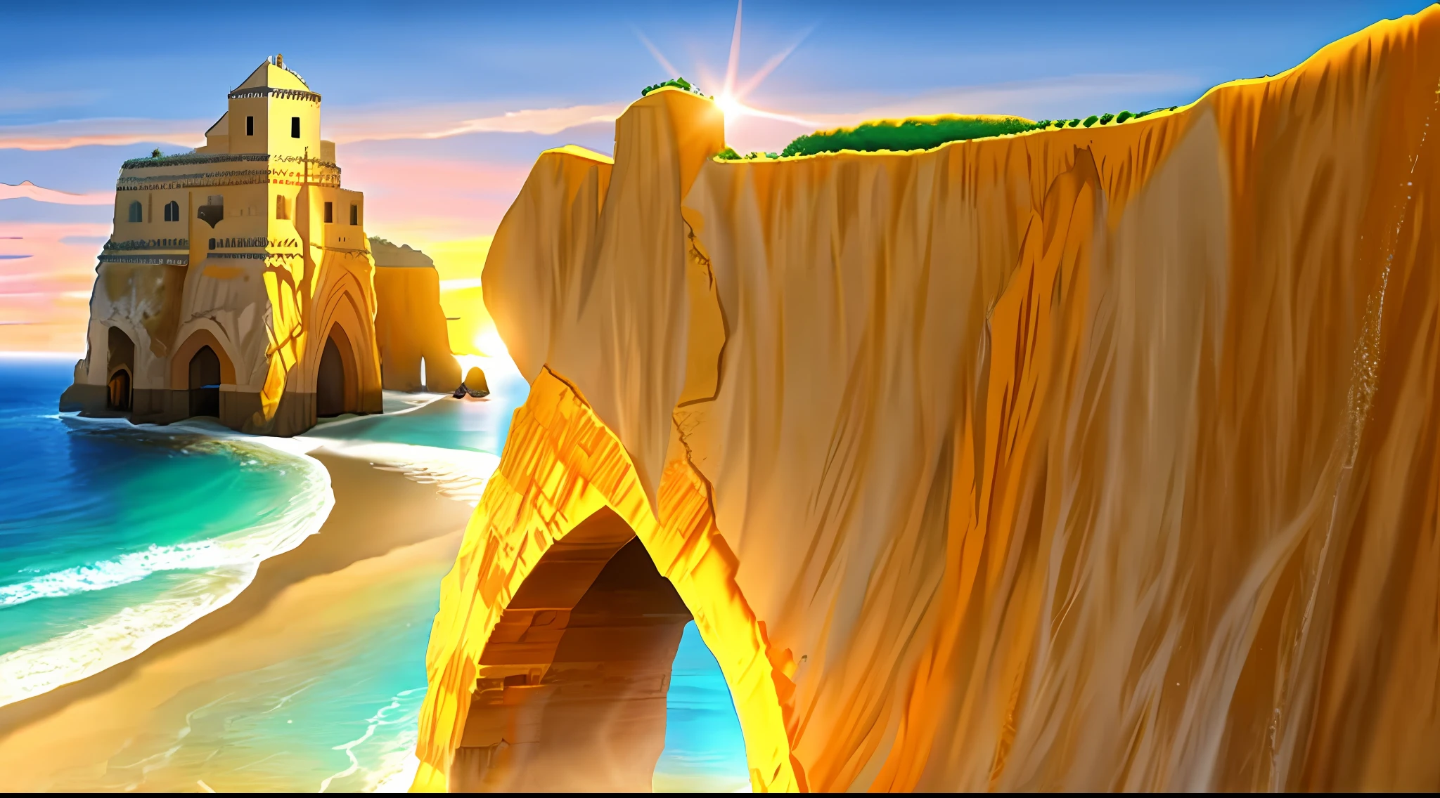 Algarve，Yellow cliffs，Medieval fortress，夏天，suns，the ocean，sea beach