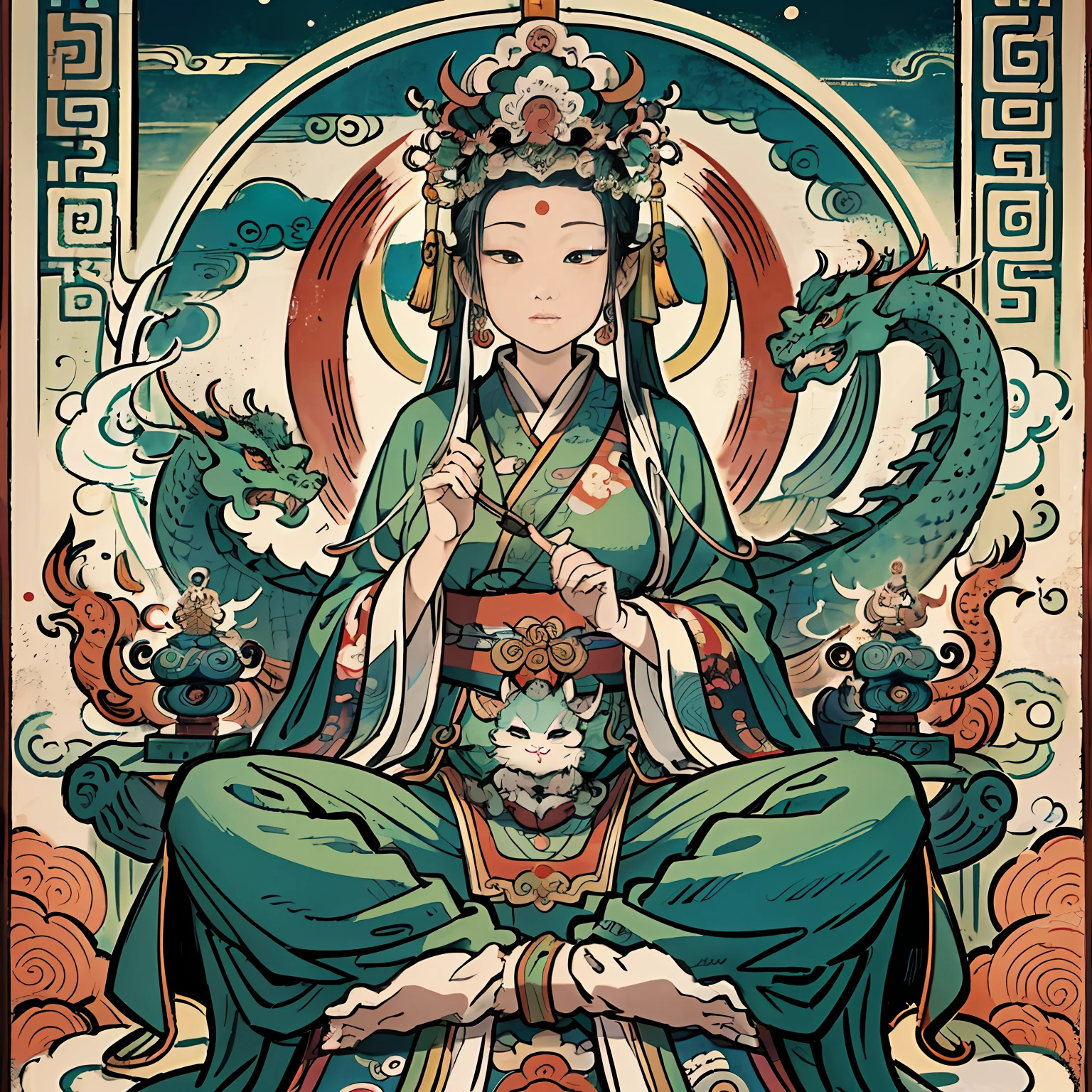 an ancient Chinese goddess, guanyin of the southern seas, Guanyin, Inspired by India, Avalokiteshvara rides a dragon,Serene expression,shui mo hua,Buddha,Buddhist,Lotus,Chinese painting style,Thangka style