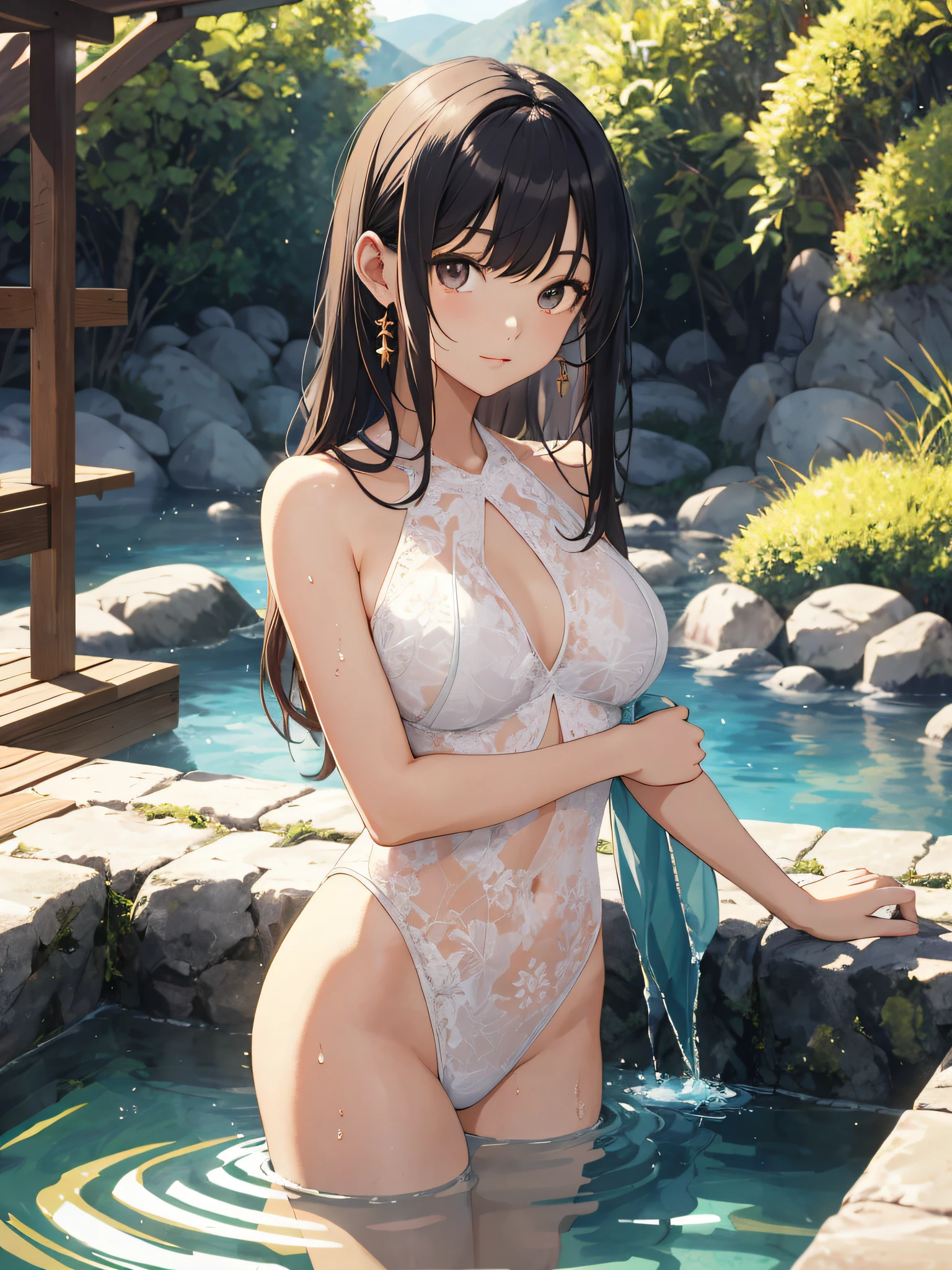 Beautiful fece, masterpiece, top-quality, hiqcgbody, animesque, 1girl in, Medium chest,, portrait shot, Look at viewers,,Southland,hot onsen ((A dark-haired)),Medium Hair,wetted skin, intricate detailes、Very pretty girl、Kawaii Girl、Bath naked、White hair、10Generation girl