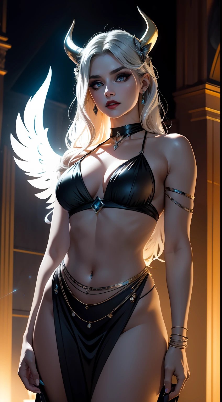 Model: long wavy hair, full dark lips, Smoky eyes, BREAK, Setting: Room with black light, Broken glass, Neon Crystals reflect light, neon lights, BREAK, Polychromatic geometric patterns, Arms and legs, BREAK, Accessories: Chrome-plated chains with torn body, Silver Choker, black feathered white black wings, BREAK, the pose: looking forward, apaixonado, Wolf, wolf ears, (gloweyes), ((makeup)),(Cinematic masterpiece), furious, powerfull, splashes of colour, absolutely eye-catching, (Cinematic headlight), Light, coming from above, Growing shadows, ((Caustic)), dinamic angle, beautifully detailed glow, Ambient shading, Ambient light, ray-traced reflections, (better lighting, extremely delicate and beautiful), ((cinematiclight)), (soft: 2), (Nephilim: 1.2), (Halo), horns demon, (1 angel wing), 1 Demon Wing, wings on the back, Half-demon, Demon ears, black wings, Raven Wings, (Falling crow feathers), Perfect hair, gray eyes, (red glowing hair), (Radiant aura),