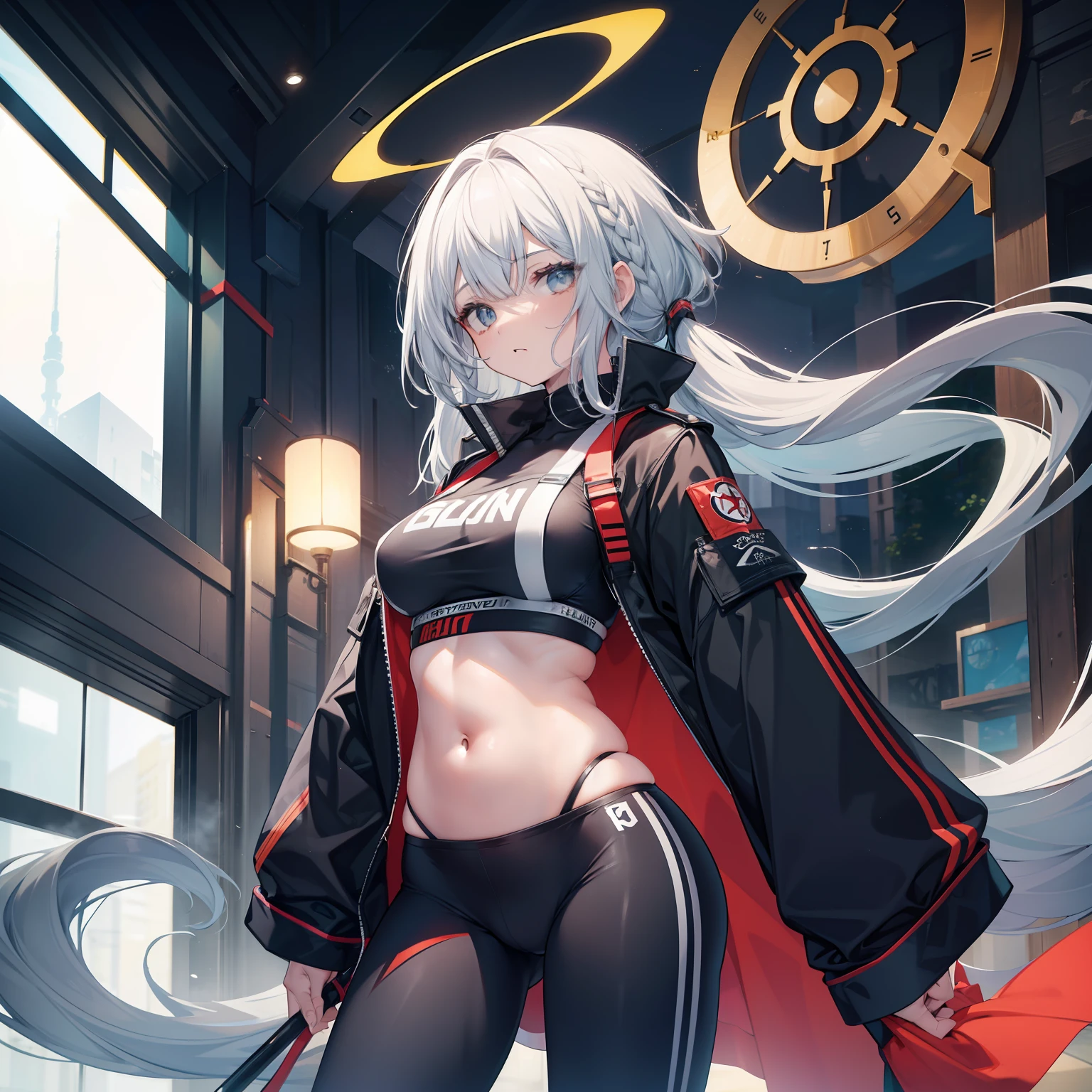 corpo bonito, rosto bonito, 3 garotas juntas, garota mais velha, cabelo VERMELHO claro, olhos, Neck strap, ombros, MOLETOM, legging pants, peito grande, barriga, cintura fina, pernas grossas, coxa grossas, random background scenario, olhando para telespectador