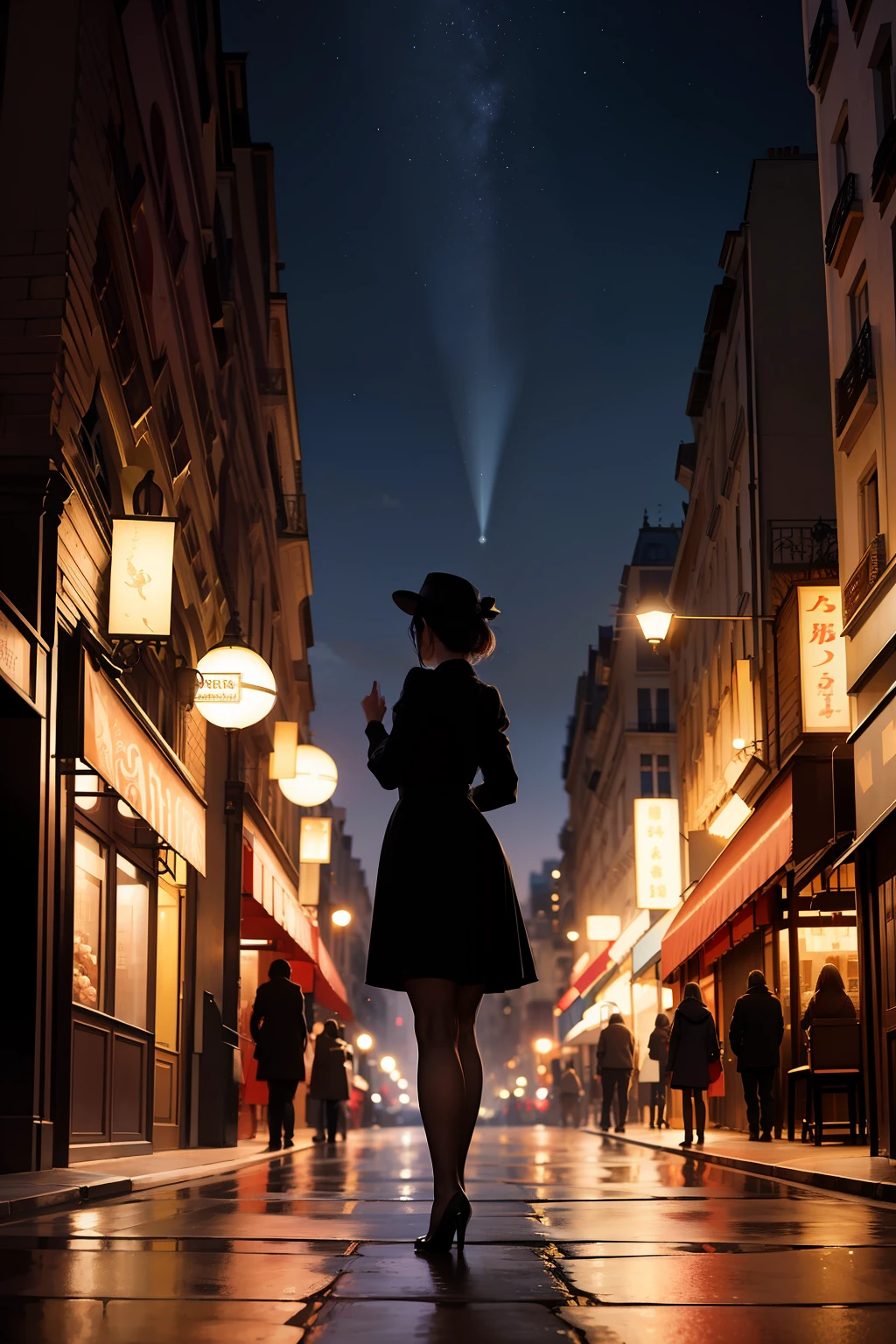 Early twentieth century,the night,Illuminated streets of Paris,A gorgeously dressed maiden stands in the light。Look at the past from afar,Only her silhouette in the light can be seen,Look over here。big vista。