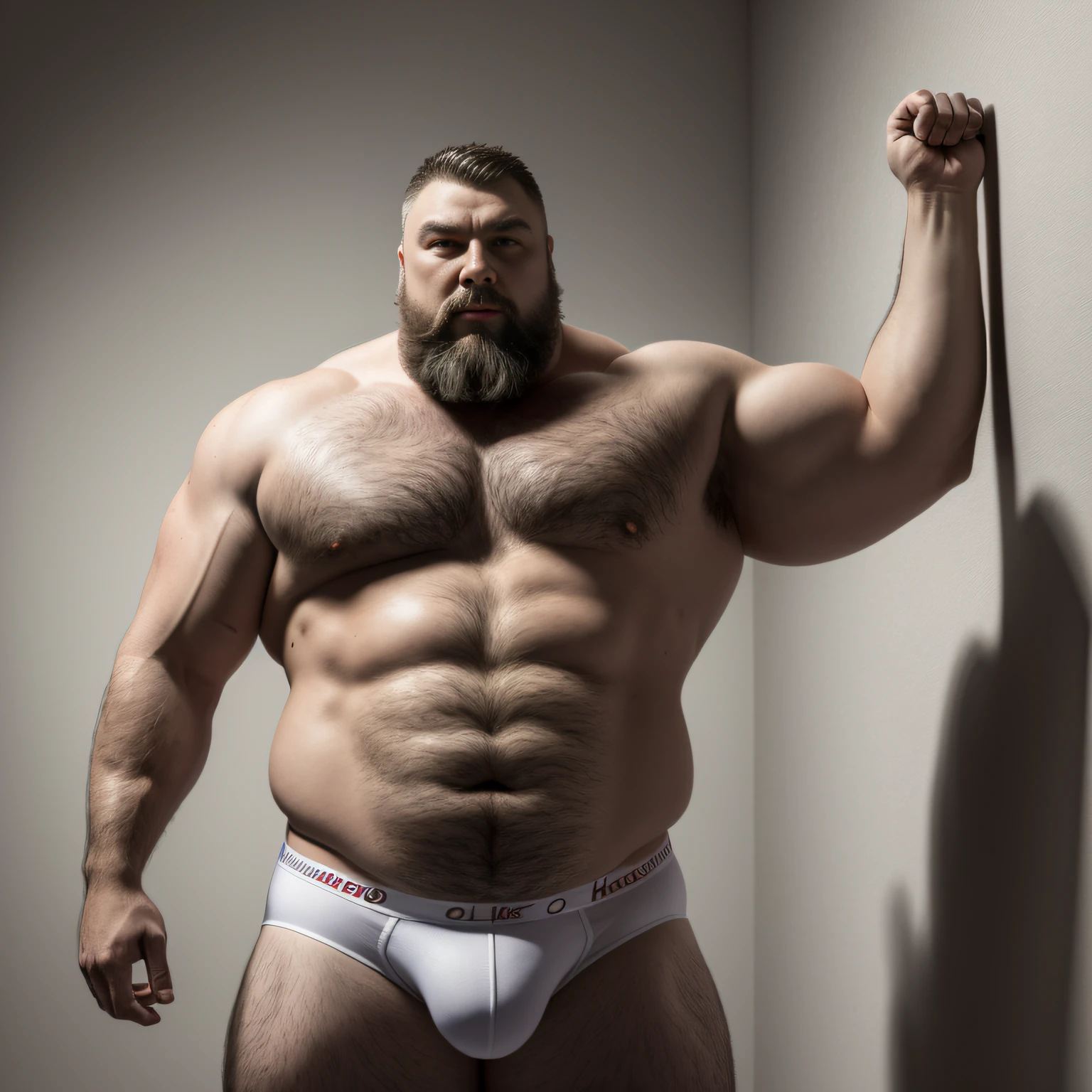 1man, corpo de Eddie hall, olhando para o espectador, foto crua, fotorrealista, melhor qualidade, obra-prima, extremamente detalhado, papel de parede 8k, obra-prima, melhor qualidade, arte oficial, hyperrealista detalhado papel de parede 8k, absurdres, incrivelmente absurdres, tamanho de arquivo enorme, ultra-detalhado, highres, extremamente detalhado, hyper absurd bulge, hyper absurd bulge, hyper absurd crutch, hyper detailed bulge, hyperdetailed fabrick, white briefs, wet briefs, soaked briefs,