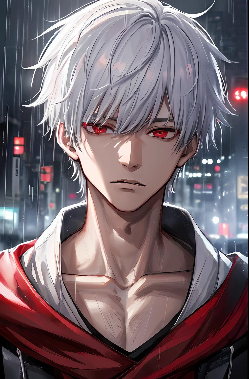 kk, best quality, more details, masterpiece, 1boy, kaneki ken, portrait, male focus, red eyes, solo, bangs, looking at viewer, hood, short hair, rain, tokyo tokyo \(city\), hood up, nail polish, white hair, luxurious, 8k, detailed, ray tracing, depth of field, cinematic lighting,