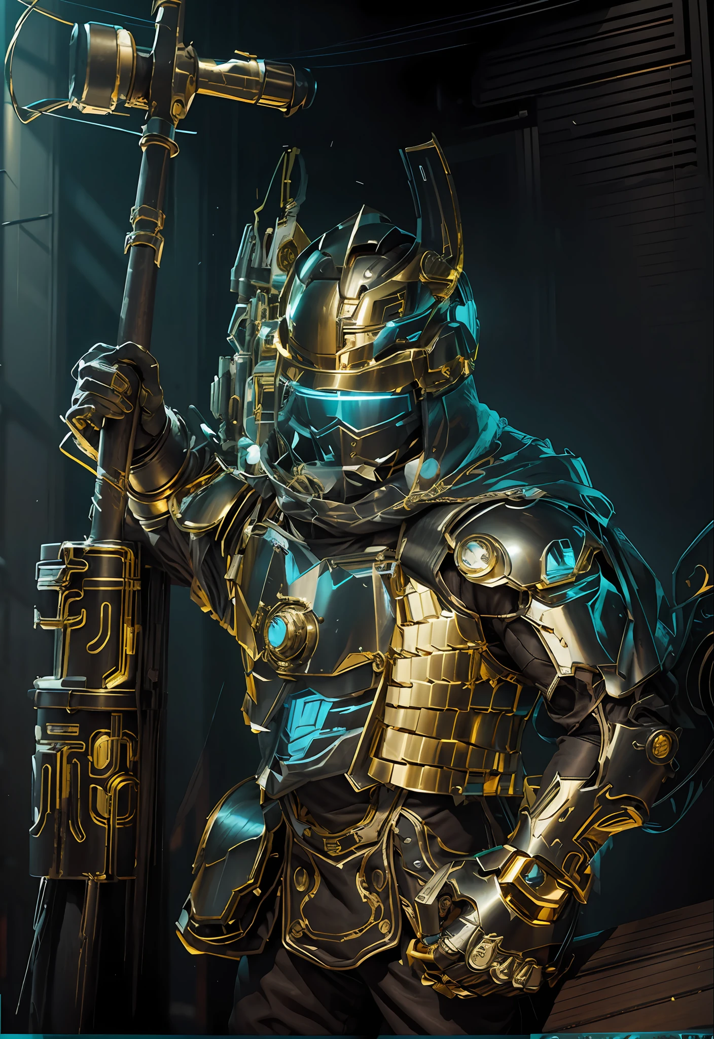 Masterpiece, best quality, Cyberpunk, mechanical sense, a man with an axe weapon, wearing gold armor, plate helmet, photogenic details, complex armor details, martial arts, wearing gorgeous armor, movie posters, movie lighting