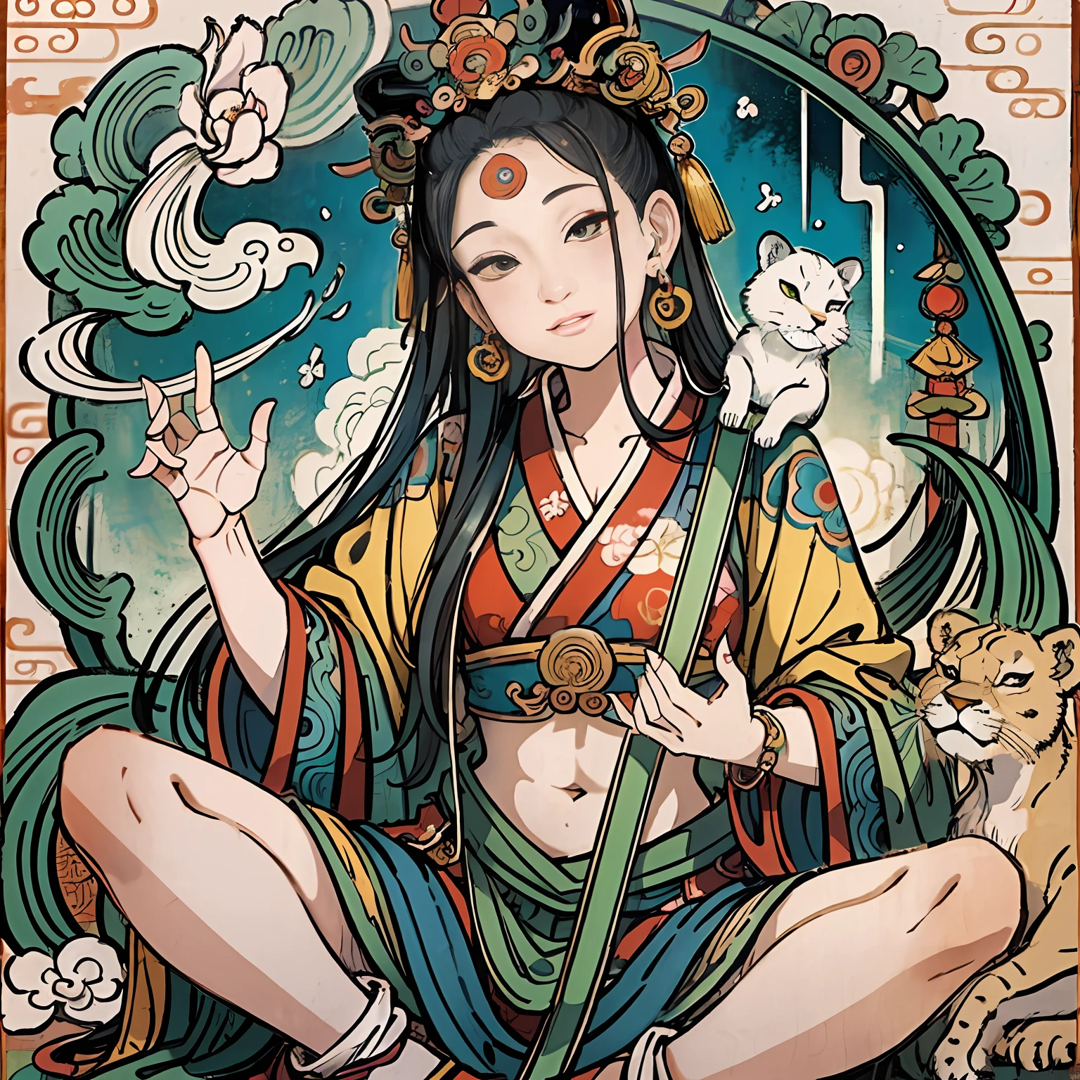 an ancient Chinese goddess, guanyin of the southern seas, Guanyin, Inspired by India, Avalokiteshvara rides a lion,Serene expression,shui mo hua,Buddha,Buddhist,Lotus,Chinese painting style,Thangka style