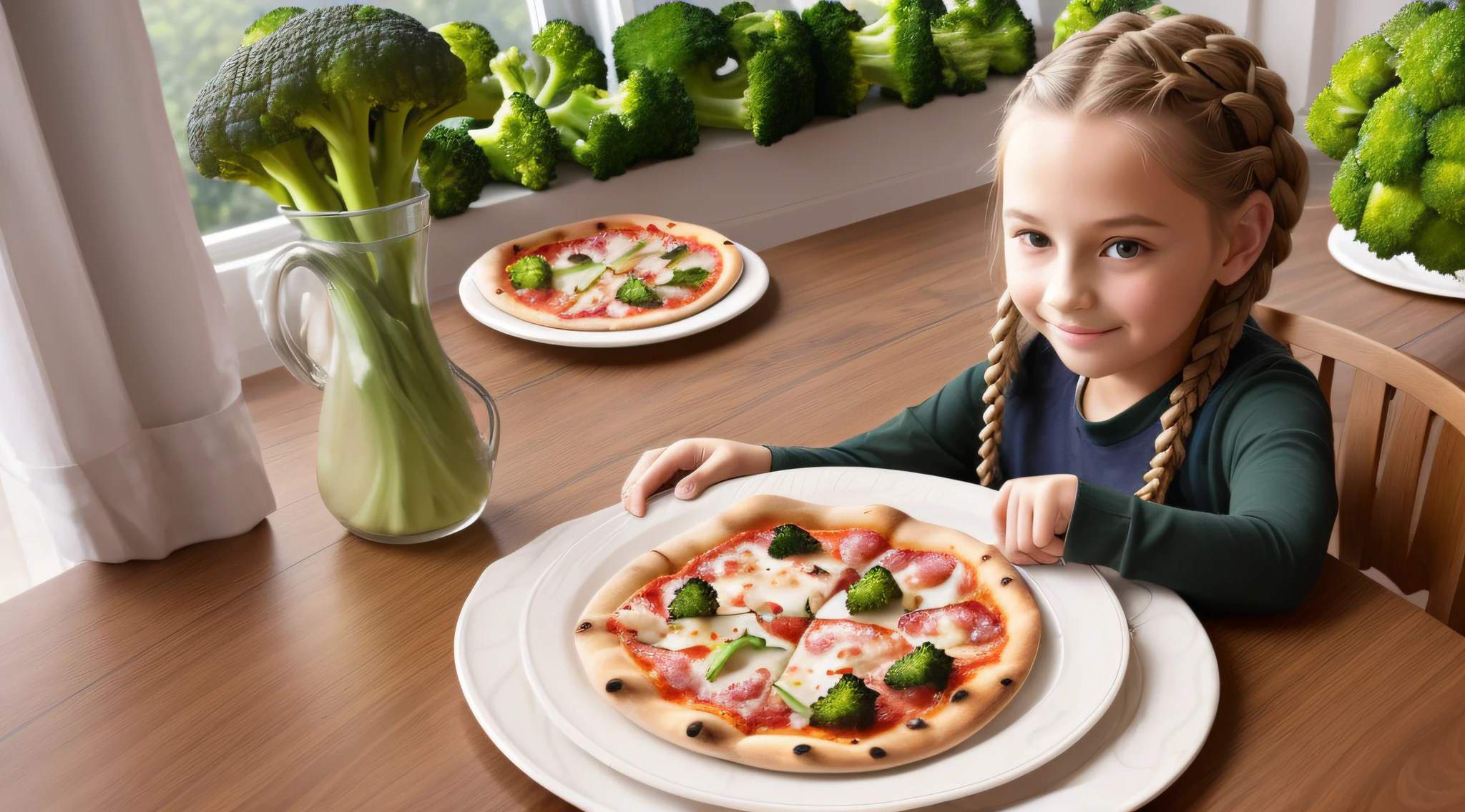 girl CHILD , Russian blonde in braids, There are four pieces of PIZZA on a plate with a bowl of broccoli, PIZZA Schedule, Mini PIZZA , Como, Estilo Calude Monet, receita, #Micro, # Micro, misturar, alternate angle, Miami, medium tone, Hunting