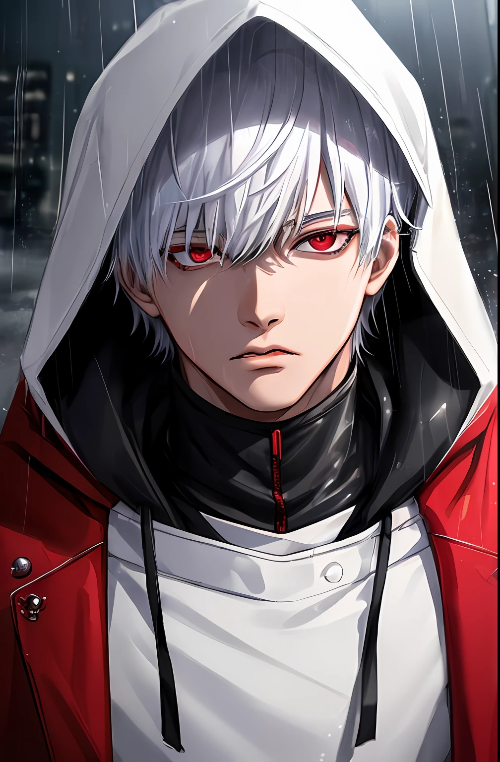 kk, best quality, more details, masterpiece, 1boy, kaneki ken, portrait, male focus, red eyes, solo, bangs, looking at viewer, hood, short hair, rain, tokyo tokyo \(city\), hood up, nail polish, white hair, luxurious, 8k, detailed, ray tracing, depth of field, cinematic lighting,