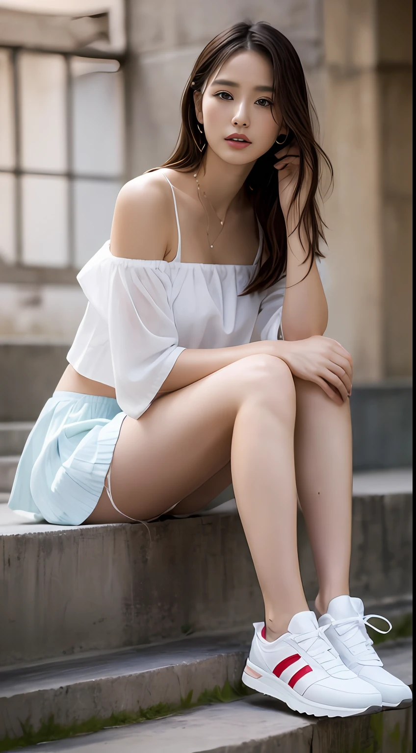 ((Best picture quality, 8K, tmasterpiece:1.3)), 1girll, Casual hairstyle, (off-shoulder blouse,Short pleated skirt:1.3),(wet see through clothes:1.4),Ultra-fine face, A detailed eye, 二重まぶた,(long leges:1.4),(athletic sneakers:1.3)Erlang legs,Sit on a high platform