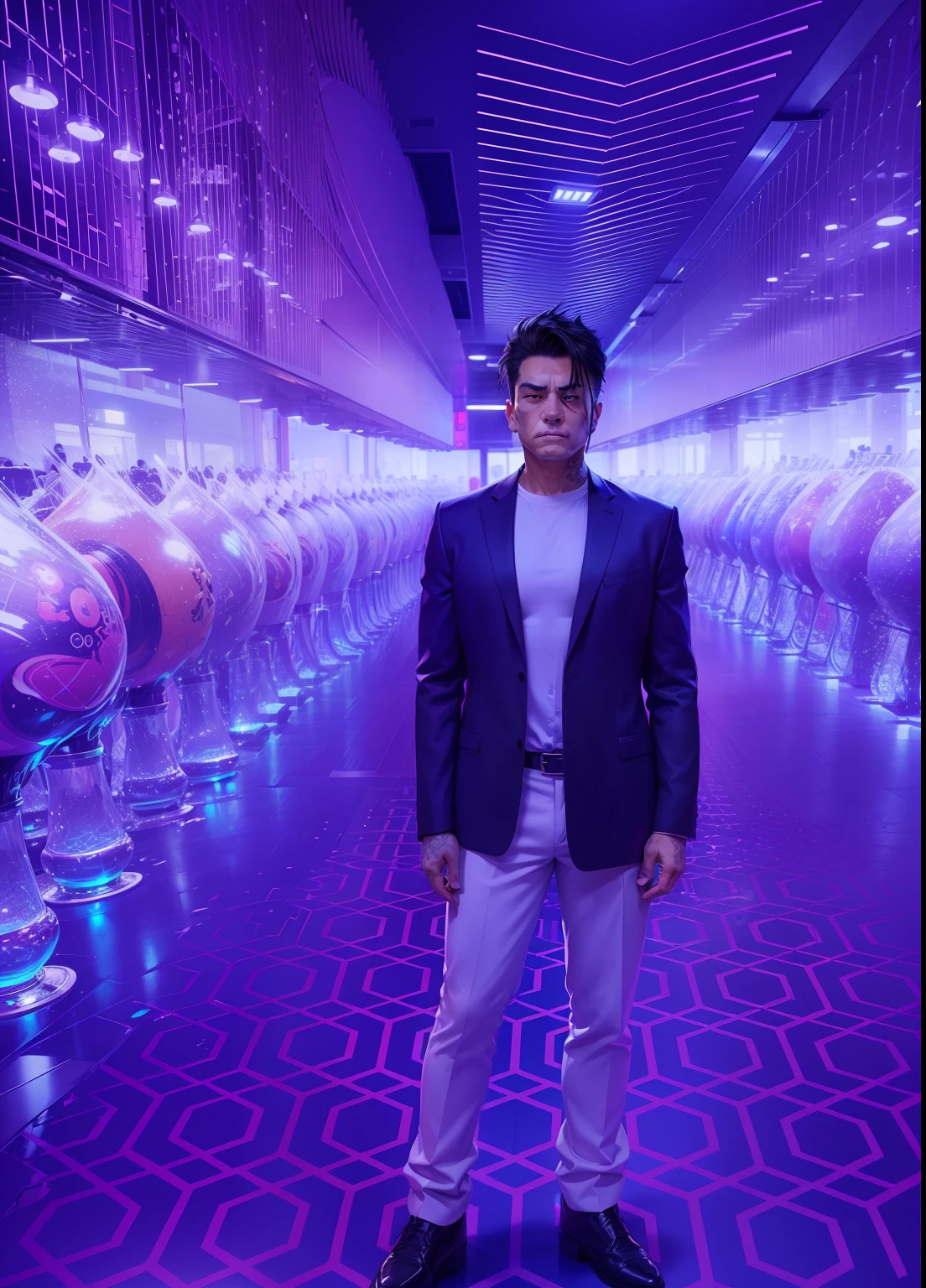 Create an anime-style full body shot of a middle-aged man exuding an air of confidence. He possesses sleek black hair and piercing black eyes that hold a hint of mystery. His expression showcases a smirk, suggesting a keen sense of wit and charm. His medium build is complemented by the distinctive yakuza-inspired clothing he wears. Capture him in a powerful stance that reflects his presence as a figure of authority. Focus solely on the character, omitting any background elements. Utilize a mix of bold linework and shading techniques to bring out the nuances of his attire, facial features, and expression. The image should convey both his enigmatic nature and the sense of dominance he exudes. And my original face