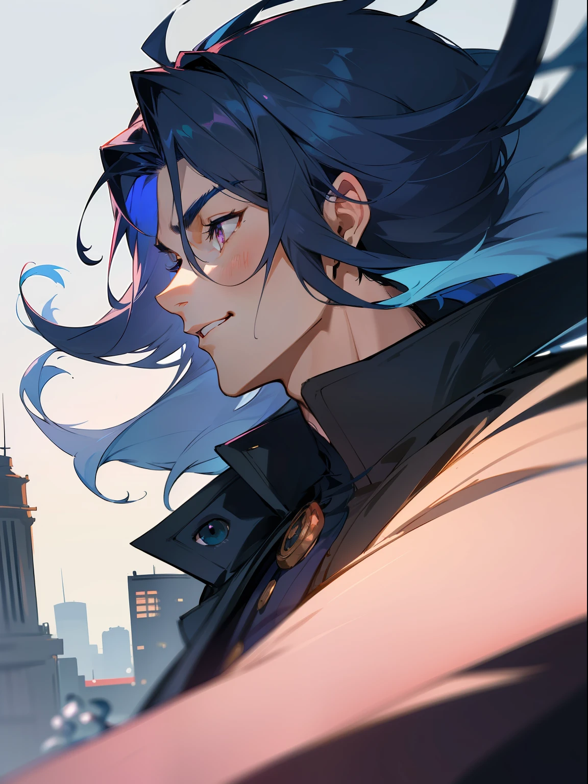 Ultra Detail,Haig Quality,sketch,1boy,matured male,Beautiful face,(Navy blue hair,Outer hair:1.3),Handsome men,Pearl skin,black tshirt,Moss Green Mod Coat,Dynamic Angle,Japan Anime,Pink eyes,Laugh,Like a cat's eye,city,male in his 20s,face in profile