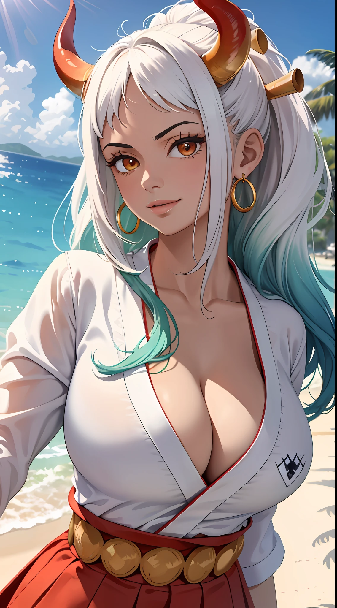 Masterpiece, Best quality, 1womanl, A high resolution,  Beautiful girl ,  yamatowanpi，Large breasts，cleavage，White color blouse，looks into camera，Bust photo，Raised sexy，Be red in the face，Sea background，ssmile