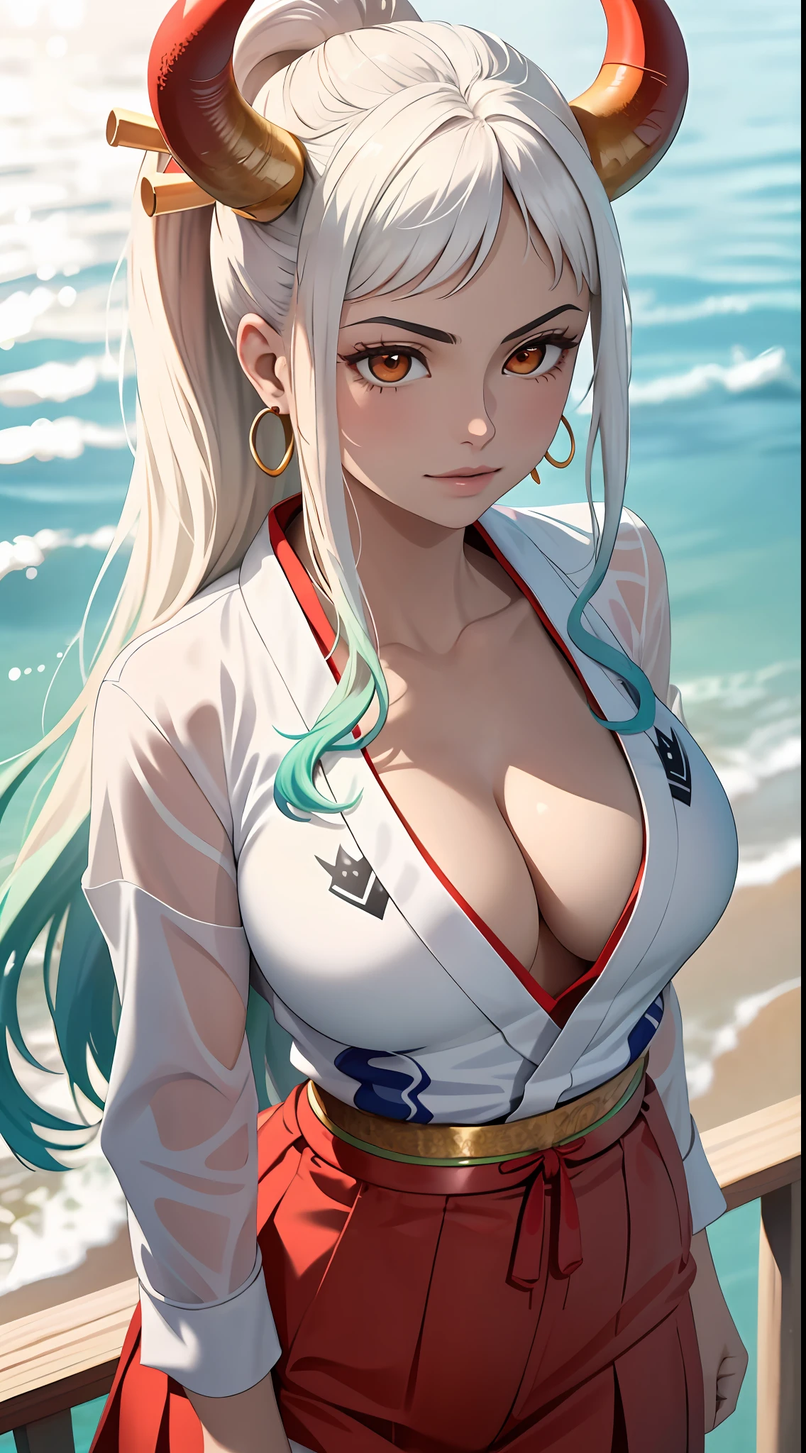 Masterpiece, Best quality, 1womanl, A high resolution,  Beautiful girl ,  yamatowanpi，Large breasts，cleavage，White color blouse，looks into camera，Bust photo，Raised sexy，Be red in the face，Sea background，ssmile