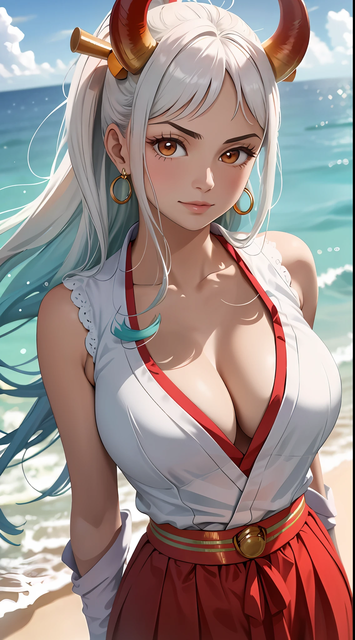 Masterpiece, Best quality, 1womanl, A high resolution, Beautiful girl , yamatowanpi,Large breasts,cleavage,White color blouse,looks into camera,Bust photo,Raised sexy,Be red in the face,Sea background,ssmile