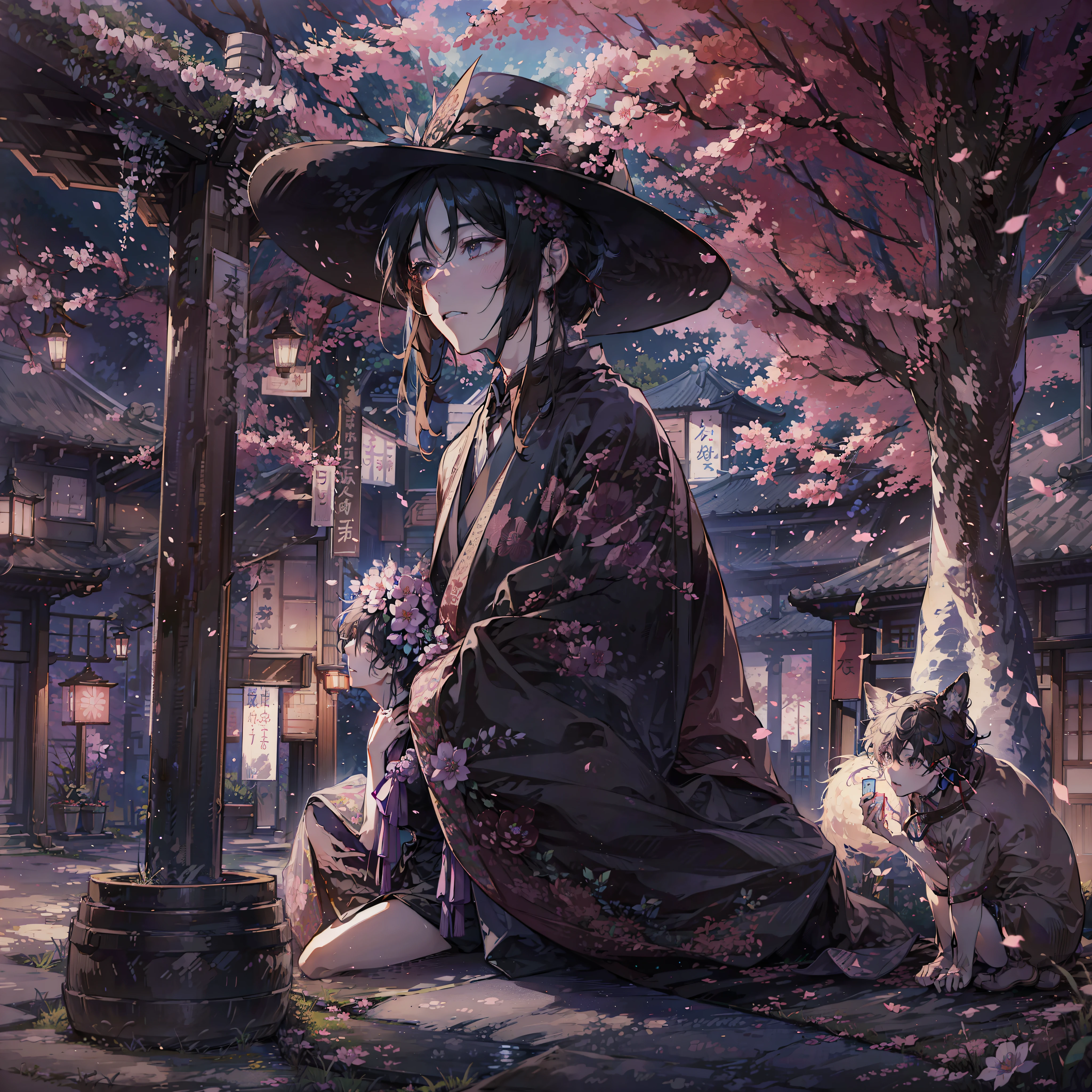 masterpiece、1 Youth、Young man with nervous expression、Young man with a melancholy expression、Young man in withered black suit and hat、Poor figure、Landscape with rusty shades、Old Japan landscape、kyoto、Meiji、Taisho、Taisho romance、stone pavement、Cats、top-quality、hightquality、Highly detailed CG Unity 8K wallpapers、art stations、Digital Illustration、with an intricate、trending、awardwinning photo、depth of fields、nffsw、chromatic abberation、真实感、A highly detailed、trends in the art station、CGsociety Trends、with an intricate、high detal、Dramatic、 8K, 16 K, top-quality, photon maping, Radio City, Photorealsitic, Elaborate CG, Physically Based Rendering, ultra realistic realistic textures, unrealengine5, motion angles、cinematlic lighting, Dramatic Writing, Professional Writing,