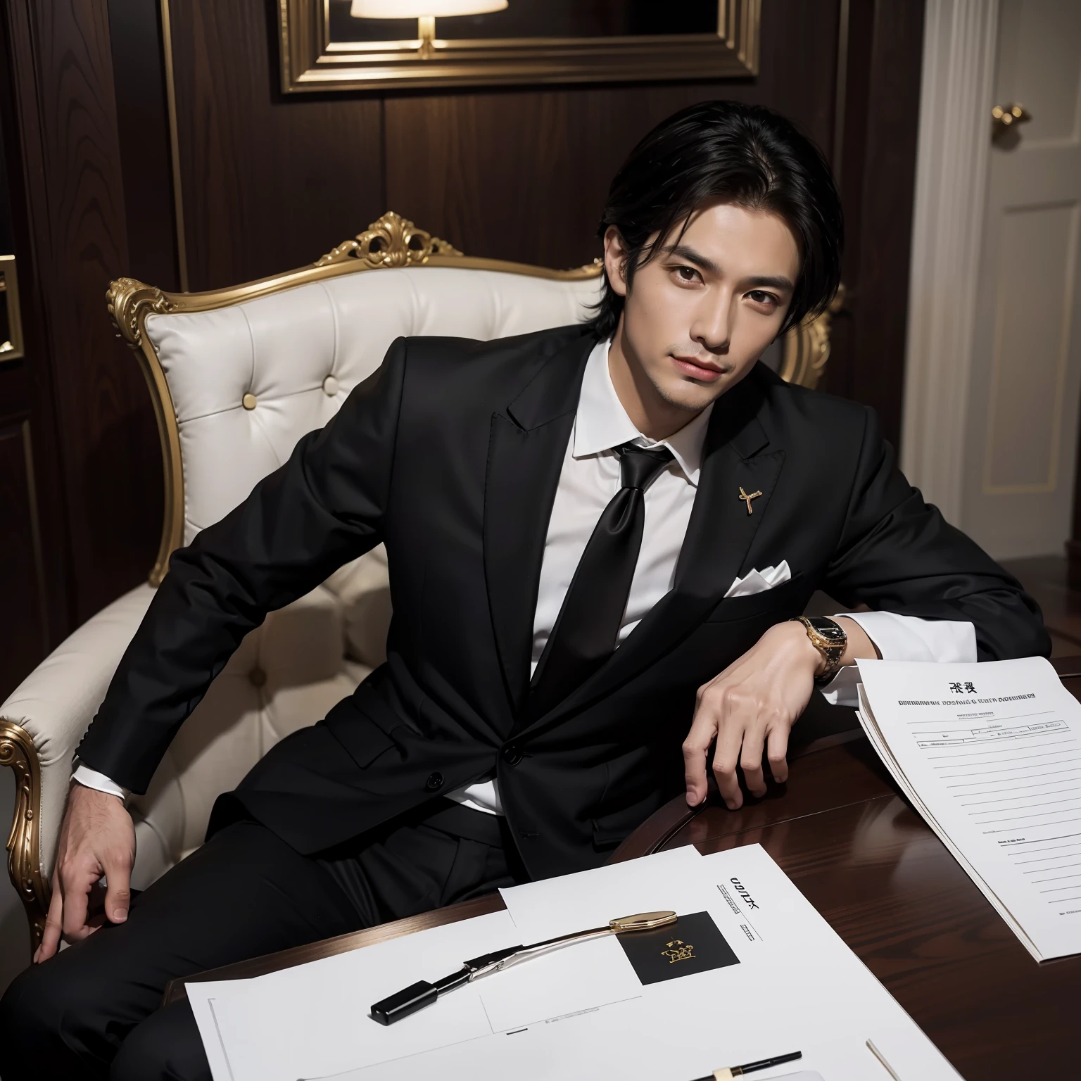 tmasterpiece,Need,realisticlying,A mature and handsome business tycoon sitting in a luxurious office chair,The background is a luxurious and luxurious office,He was tall and handsome,Be physically fit,The eyes are shining,Hypocritical smile,with short black hair,He wears a simple and well-fitting black suit、White shirt and black striped tie,Expensive decorations are placed on the tabletop,Shows his extreme extravagance、Economic status、Extraordinary temperament
