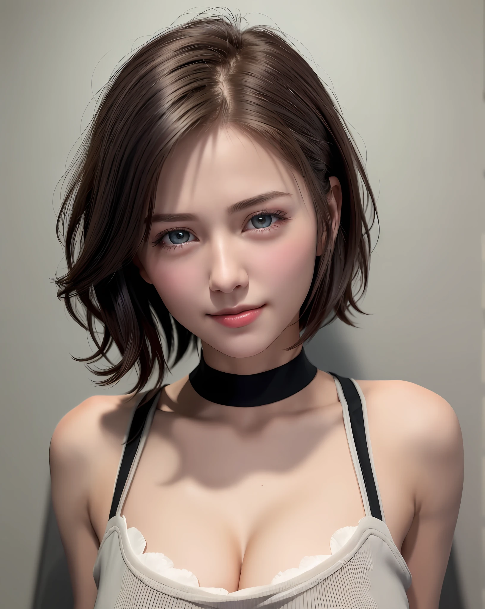 Best Quality, Ultra High Resolution, (Photorealistic: 1.4), Beautiful Eyes, Super Beautiful, Very Short Hair, Beautiful, Sweetheart, T-shirt with Rough Chest, Beautiful Soldier, Eyes That Invite Viewer, Lover's Perspective, Inviting Expression, Sexy Smile, Perfect Style, Perfect Balance, Detailed Skin, Naughty Gaze, Chest Visible