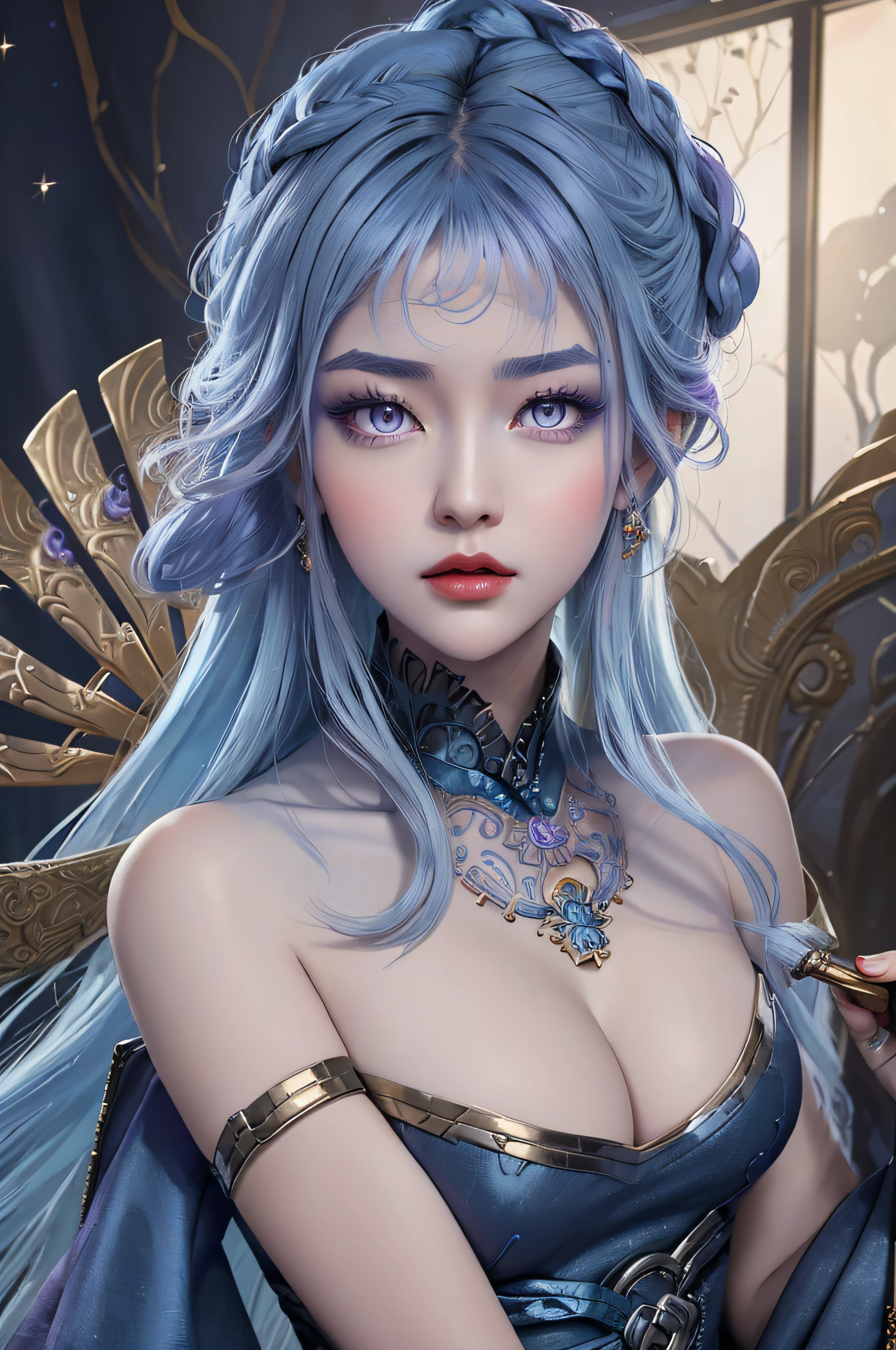 (((Extremely detailed eyes))), ((surreal eyes)),real eye pupil, glowing eyes,(detailed eyebrows), detailed hair,(glowing skin), glowing goddess,lipstick lips red, thin and beautiful lips, mouth closed, characters made by karol bak and pino daeni, intricate detail, detailed background, extremely detailed, light magic, a woman, clear face,beautiful face in detail and well-proportioned eyes, (transparent purple eyes: 1.8), big round eyes and very beautiful and detailed makeup, foresight, Realistic and vivid photo, highres, sharp focus, pixiv masterpiece, ((intricate details)), highly detailed, upper body,((big breasts)),((big breasts)), 1girl, solo, long hair, looking at viewer, hair ornament, dress, holding, bare shoulders, closed mouth, blue hair, purple eyes, braid, artist name, covered navel, blue dress, chinese clothes, china dress, hand fan, folding fan, light blue hair, holding fan, Jordyn Huitema, (masterpiece,best quality:1.5), (masterpiece,best quality:1.5), Hold the fan with the right hand, the left hand does not hold the fan, Chinese imperial palace, feudal China, wooden castle, lake, (lantern), sparkling, (masterpiece,best quality:1.5), (masterpiece,best quality:1.5),fiction art, RAW photo, hanfu picture, best photo, best photo quality, 8k quality, 8k ultra, super realistic, real photo most economical, the goddess poses sexy and seductive,