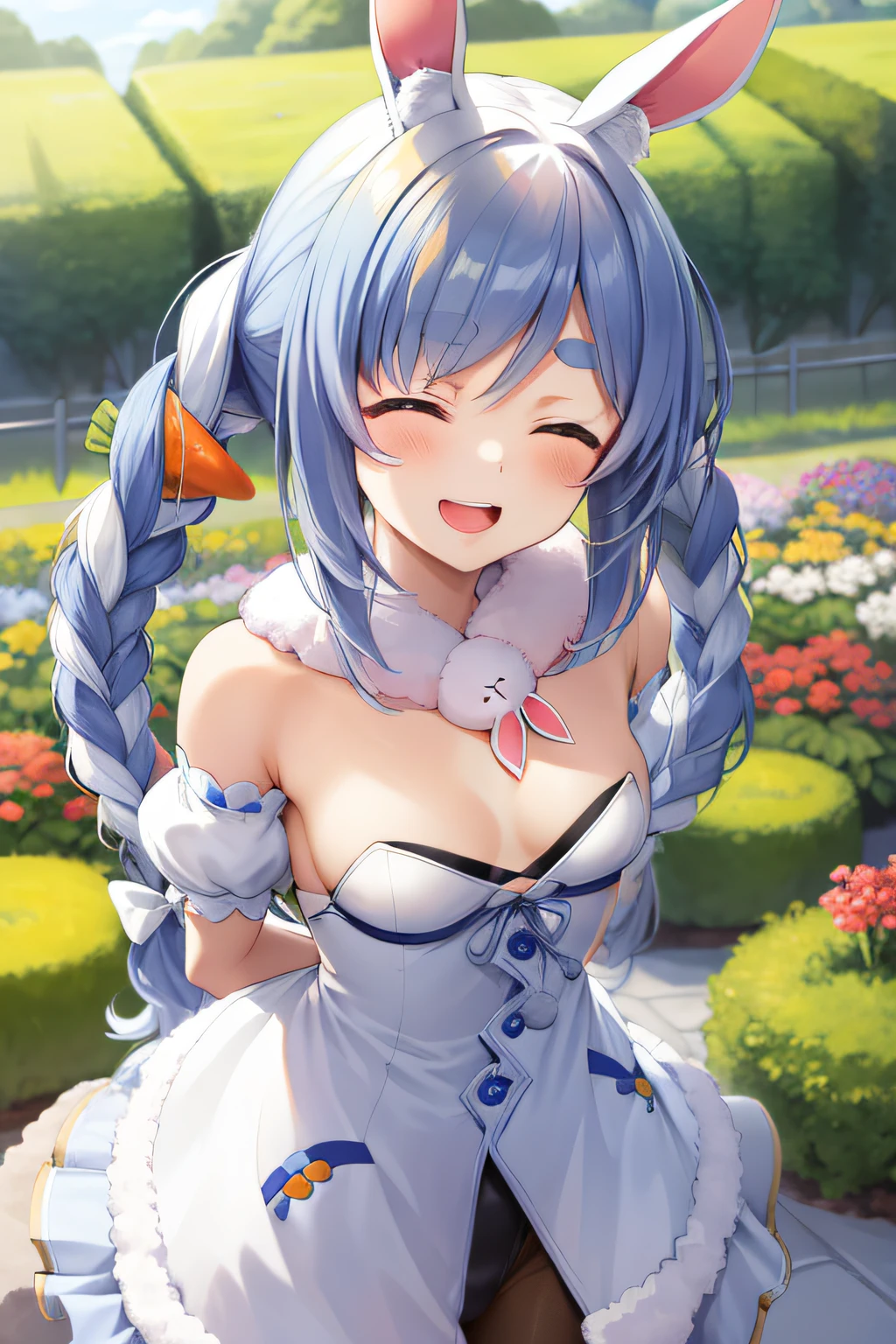 2D,​masterpiece, top-quality, Ultra-detailed,Small breasts,1girl in,Smile, arms behind back,Flower Garden,Pecora 1,slender,Closed eyes,Open mouth