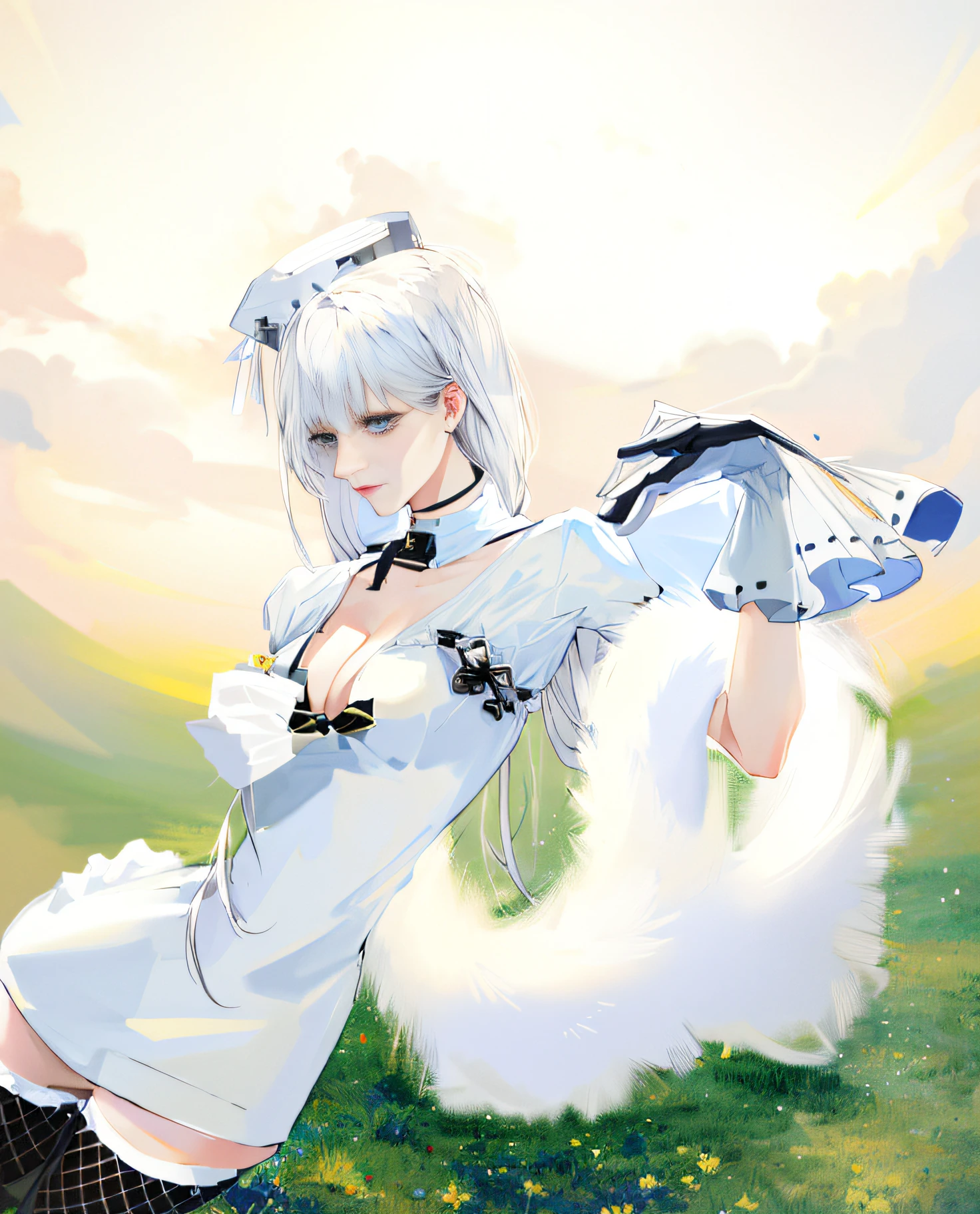 anime girl with white hair and black stockings posing for a picture, lolish, white cat girl, guweiz, digital art on pixiv, twintails white_gloves, pixiv style, anime character; full body art, digital art from danganronpa, 2b, 2 b, anime girl in a maid costume, from girls frontline