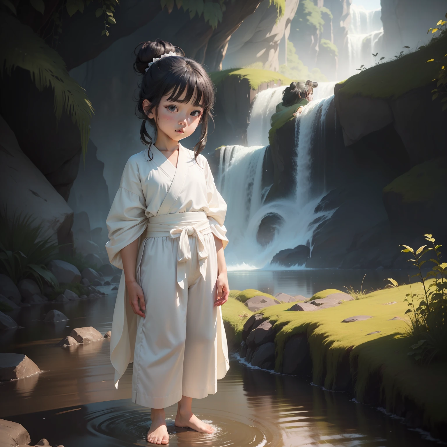 (raw photo, best quality), highly detailed, masterpiece, ultra detailed, illustration, 1 girl 9 years tiful, full body, black hair, black eyes, lens flare, cinematic lighting, dynamic angle, asian face, back bun hair, daylight, elegant, main view, wear white wide pants, wearing a knee-length robe, standing