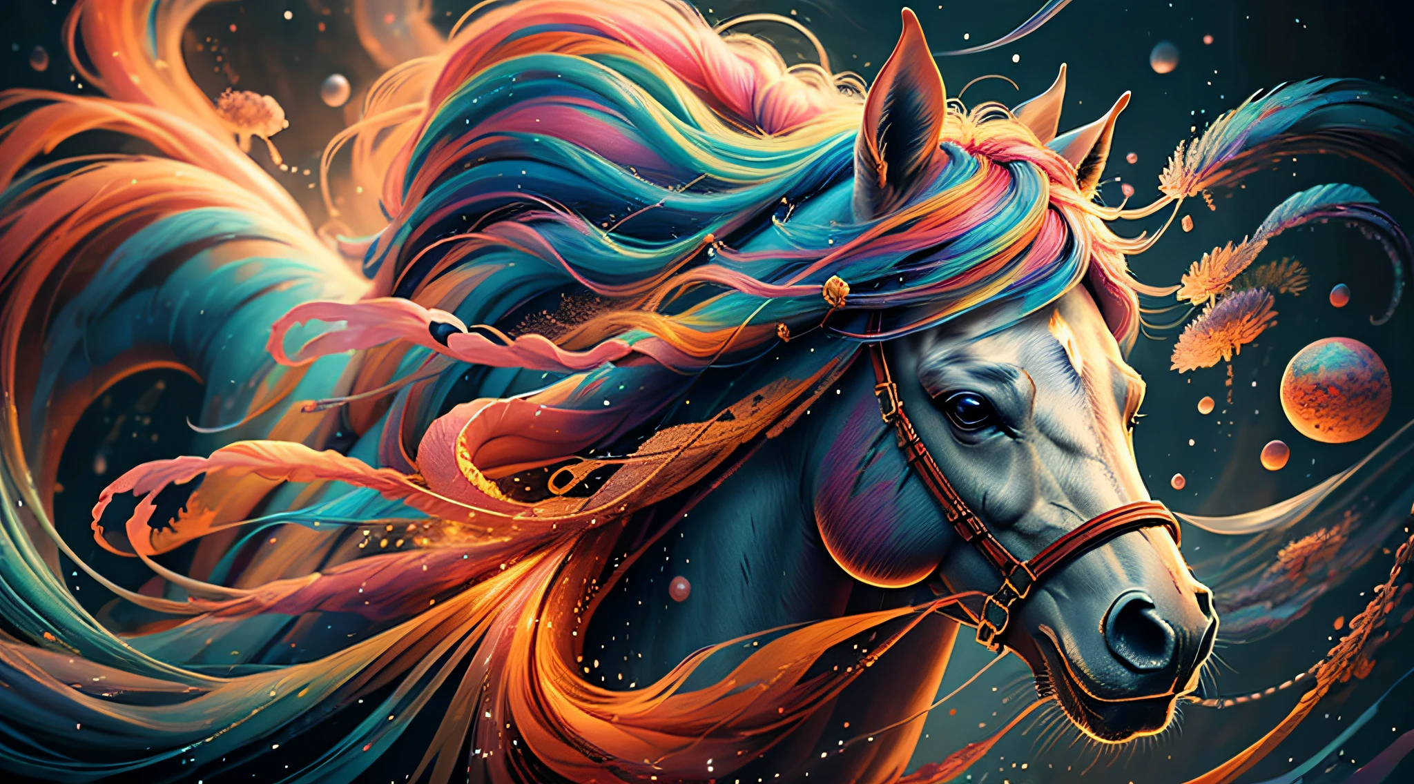 a painting of a colorful horse on a black background, breathtaking rendering, within a radiant connection, inspired by Kinuko Y. Craft,, magical elements, wow, is beautiful, casting a multi colorful spell, bright flash, flash