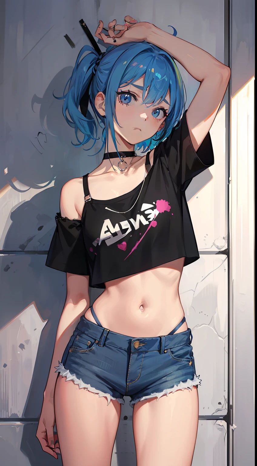 absurderes, Best quality,1girll, Solo, Striped hair, Crop top, Denim shorts, choker necklace, (scribbles:1.4), paint splatter, arms back behind, (Slouching), (Leaning back:0.5), against a wall, (leaning to the side:0.5), view the viewer, Armband, thigh band, Striped hair, Paint on the body, Upturned eyes, Head down, Head tilt, (From the side Side:1), Bored