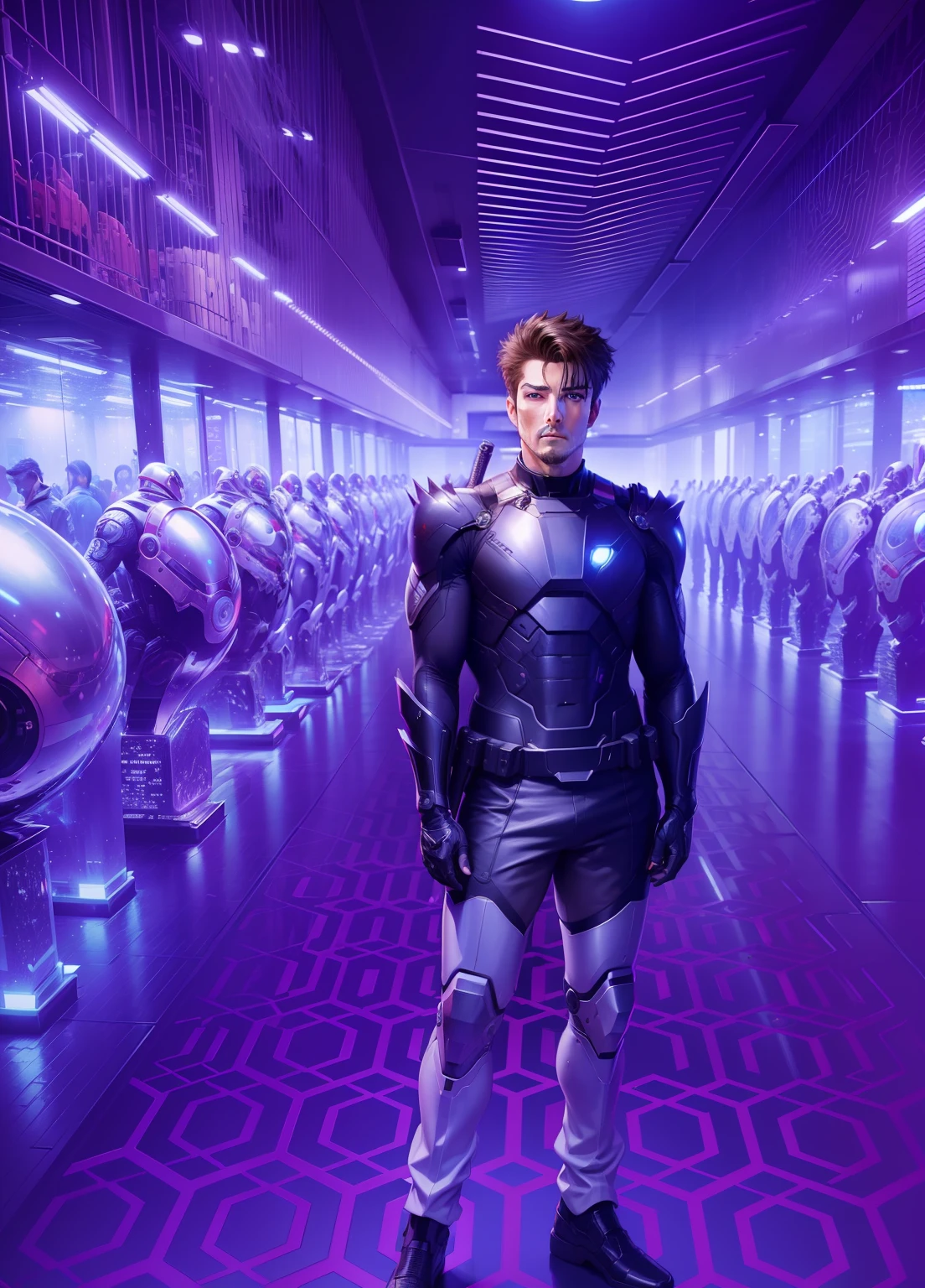Create an anime-style full A closeup of a twenty-one-year-old in a black wetsuit with a sword, Cyborg Male, Paul Atreides, Tom Cruise as Kenshiro, Android male, Tom Cruise as Tony Stark, Jacen Solo, profile picture, Android James, male cyborg, sharp and elegant black armor, Tom Cruise as Iron Man, Gantz, no text, concept art by Tony Stark --auto --s2