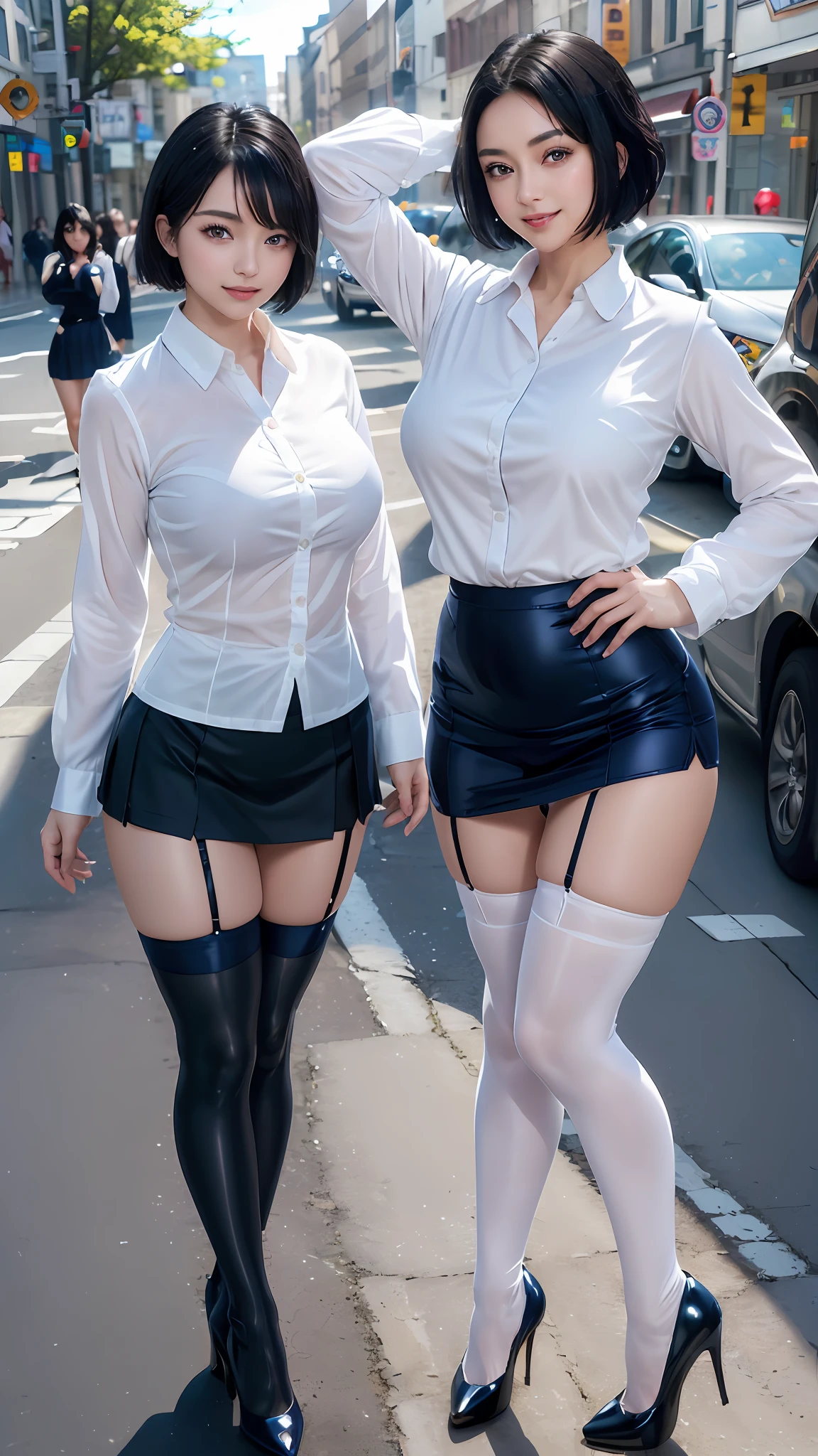 (8K, 超A high resolution, Best Quality, masutepiece:1.2)、RAW portrait of Japan super cute woman、top-quality、 (huge-breasted:1.15)((governess、Pure white long-sleeved shirt、Navy blue knee-length tight skirt:1.48))、Put the shirt inside the skirt(Hands behind the head、Show the armpits:1.35)、(In the street:1.3) BREAK (Natural Skin Texture、Detailed skin、Hyper-Realism、ultra sharpness)、intricate detailes、depth of fields、Sexy adult woman、(Short-haired black hair:1.38)、((masterpiece、top-quality、high-detail))、(Photorealsitic:1.4)、独奏、closes mouth、Smile happily、big eye、Distinct double eyelids、Lashes、long neck、Absolute area、Clean collarbone、face perfect、thin lips、a small face、(gazing at viewer、Black eyes、lipgloss:1.2)、(Toned body、Beautiful legs、Draw from toe to head、Glossy stockings、Black High Heels:1.38)