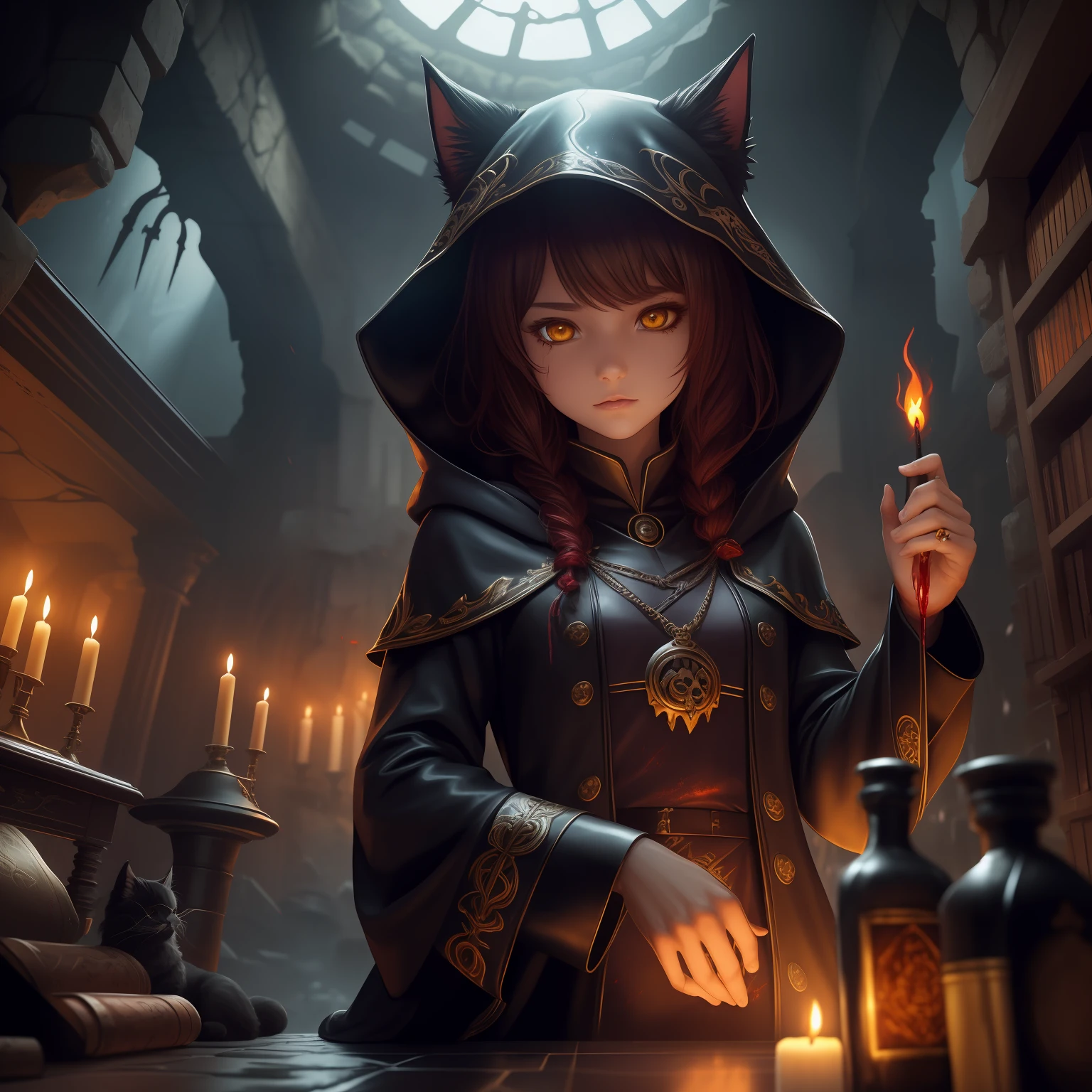 (the best illustration), Complicated details, smoothness, Metallic luster, Dark_Fantasy, Dark basement indoors, bookshelf, Potion, gemstone, a bottle, Animal skull, plant, candle, Very beautiful fluffy cat Alchemist,  Yellow eyes, Hooded raincoat, a bathrobe, Complex background, Dynamic camera angle, The Blood Rain Behind, (warzone), (((High-quality detailed ruins))), (Depth of field), ((电影灯光)), ((Horror)), ((Dark Fantasy)), monotonous, rot, blood splash,  ((scenery)) , Artstation, dark fantasy art