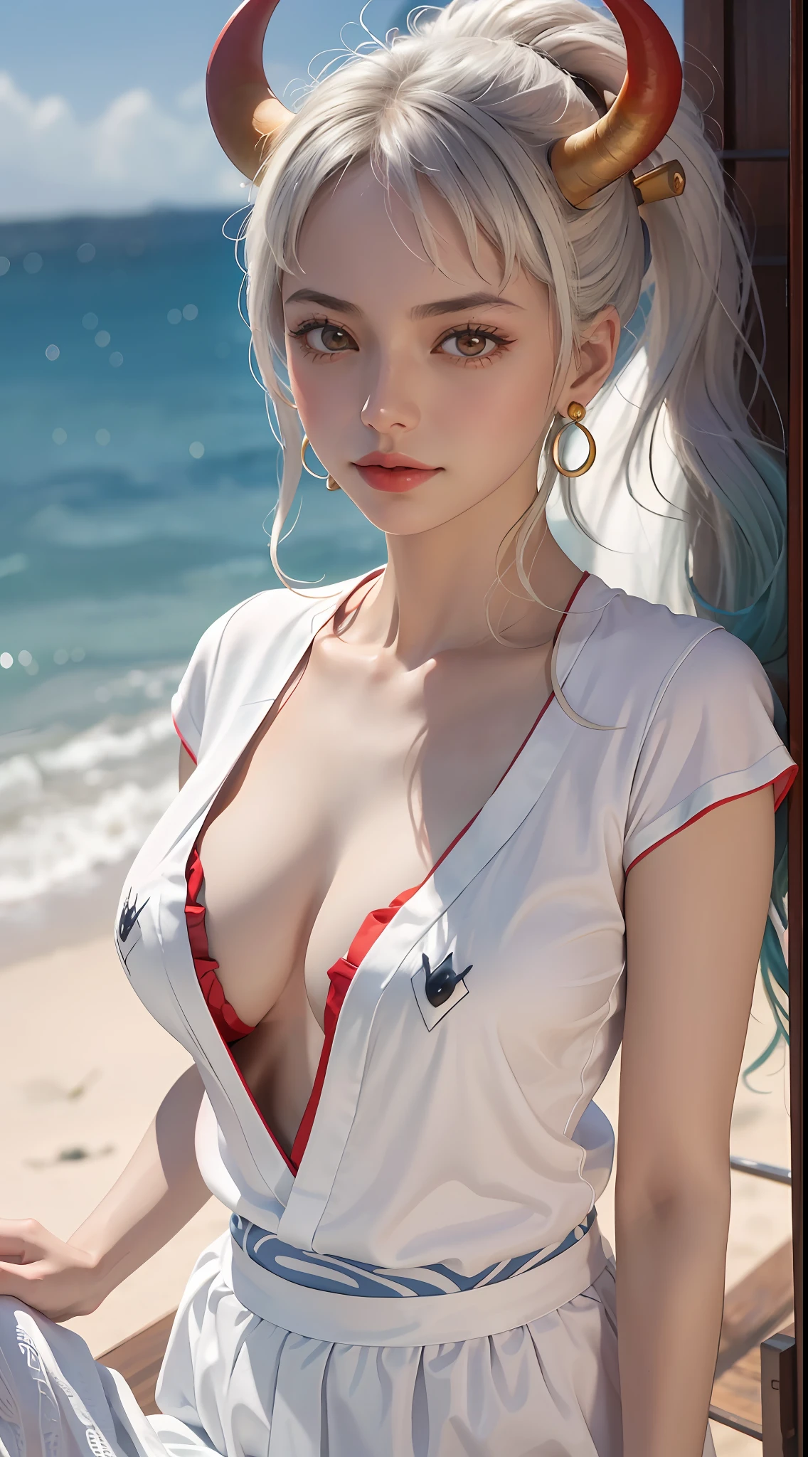 Masterpiece, Best quality, 1womanl, A high resolution,  Beautiful girl ,  yamatowanpi，Large breasts，cleavage，White color blouse，looks into camera，Bust photo，Raised sexy，Be red in the face，Sea background，ssmile