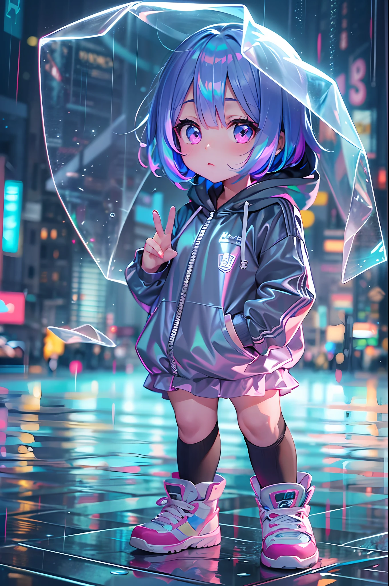 (Super cute Q version baby girl Rem standing in the rain in a clear plastic hoodie:1.4), illustration iridescent, magically glowing, shiny colorful, holograph, By Yuumei, Anime art wallpaper 8 K, Guviz-style artwork, Anime art wallpaper 4k, Anime art wallpaper 4 K, Beautiful anime artwork, Digital anime art, Guviz,(Full body like:1.5)