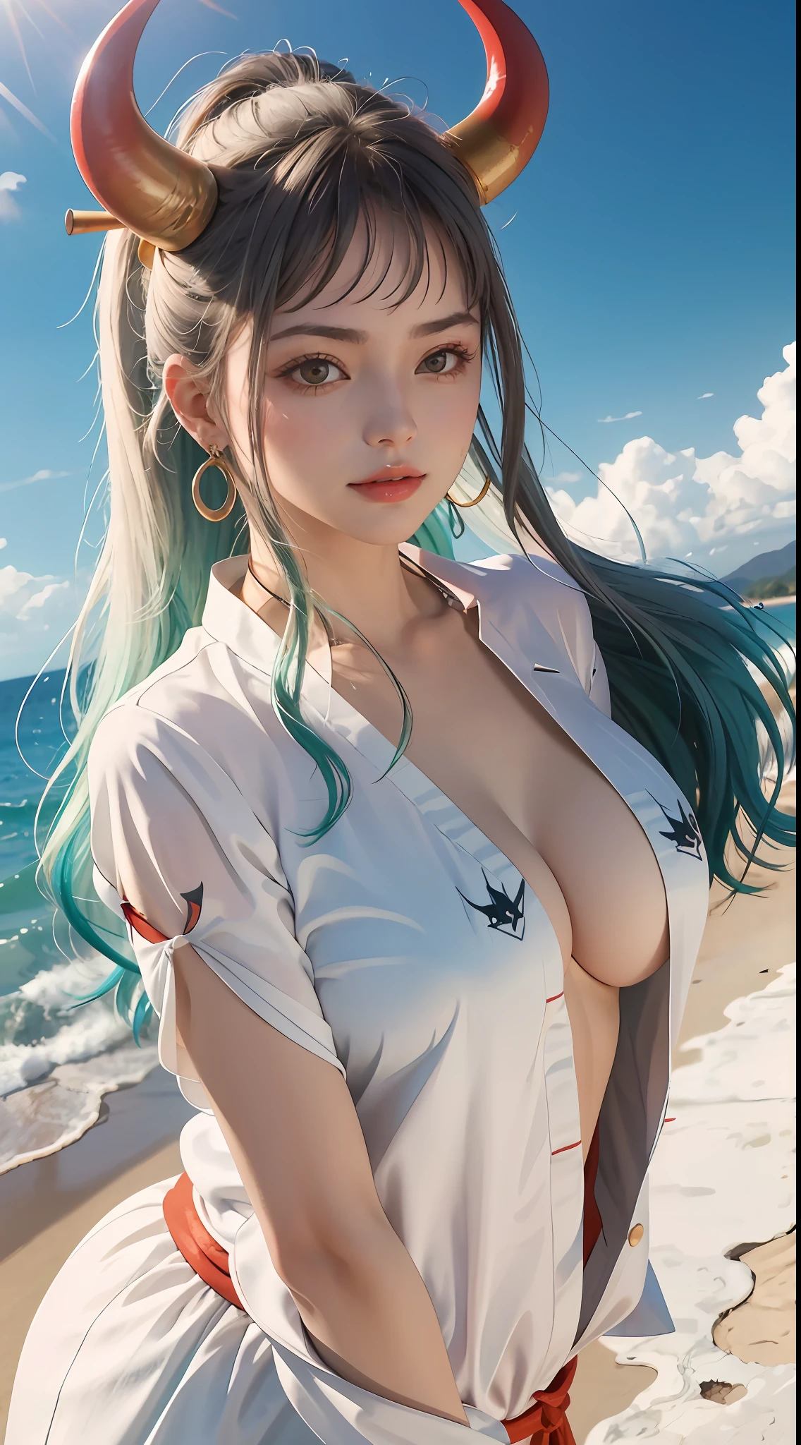 Masterpiece, Best quality, 1womanl, A high resolution,  Beautiful girl ,  yamatowanpi，Large breasts，cleavage，White color blouse，looks into camera，Bust photo，Raised sexy，Be red in the face，Sea background，ssmile