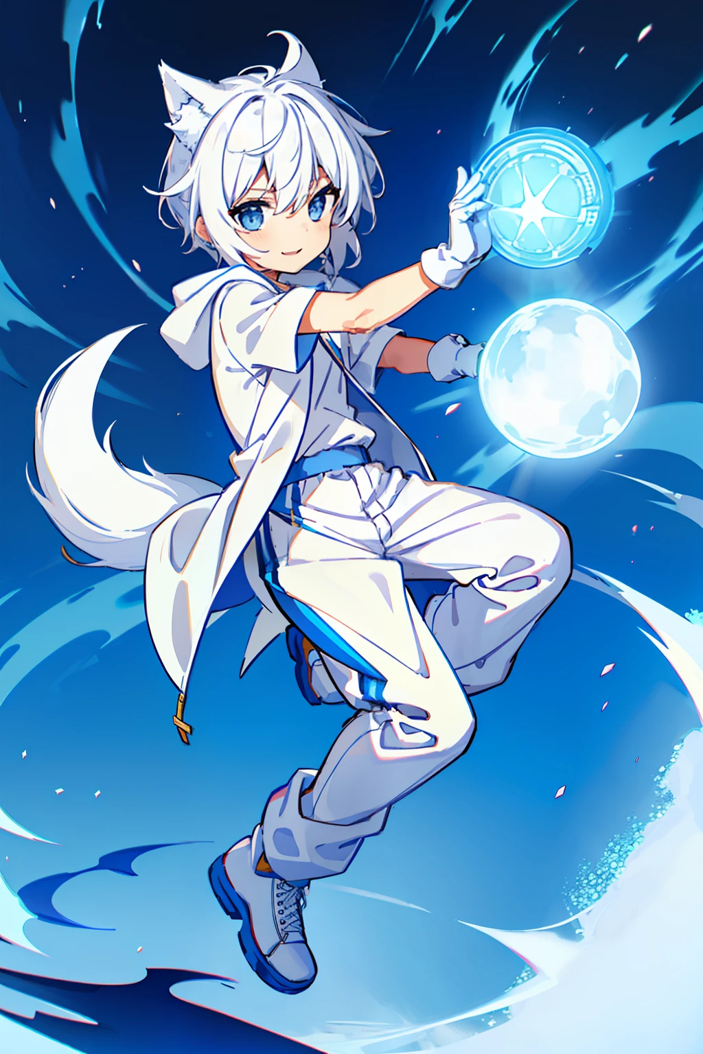 Game CG，((younge boy))，juvenile sense，Anime male protagonist，Wolf ears，Beast tail，ssmile，goggles，Look ahead，White and blue short-sleeved hooded trench coat，White half-finger gloves，white sweatpants，Blue racing boots，Superpowers，Jump down from a height，Floating in mid-air，Hands raised，Bend your legs，Full body like，Side view