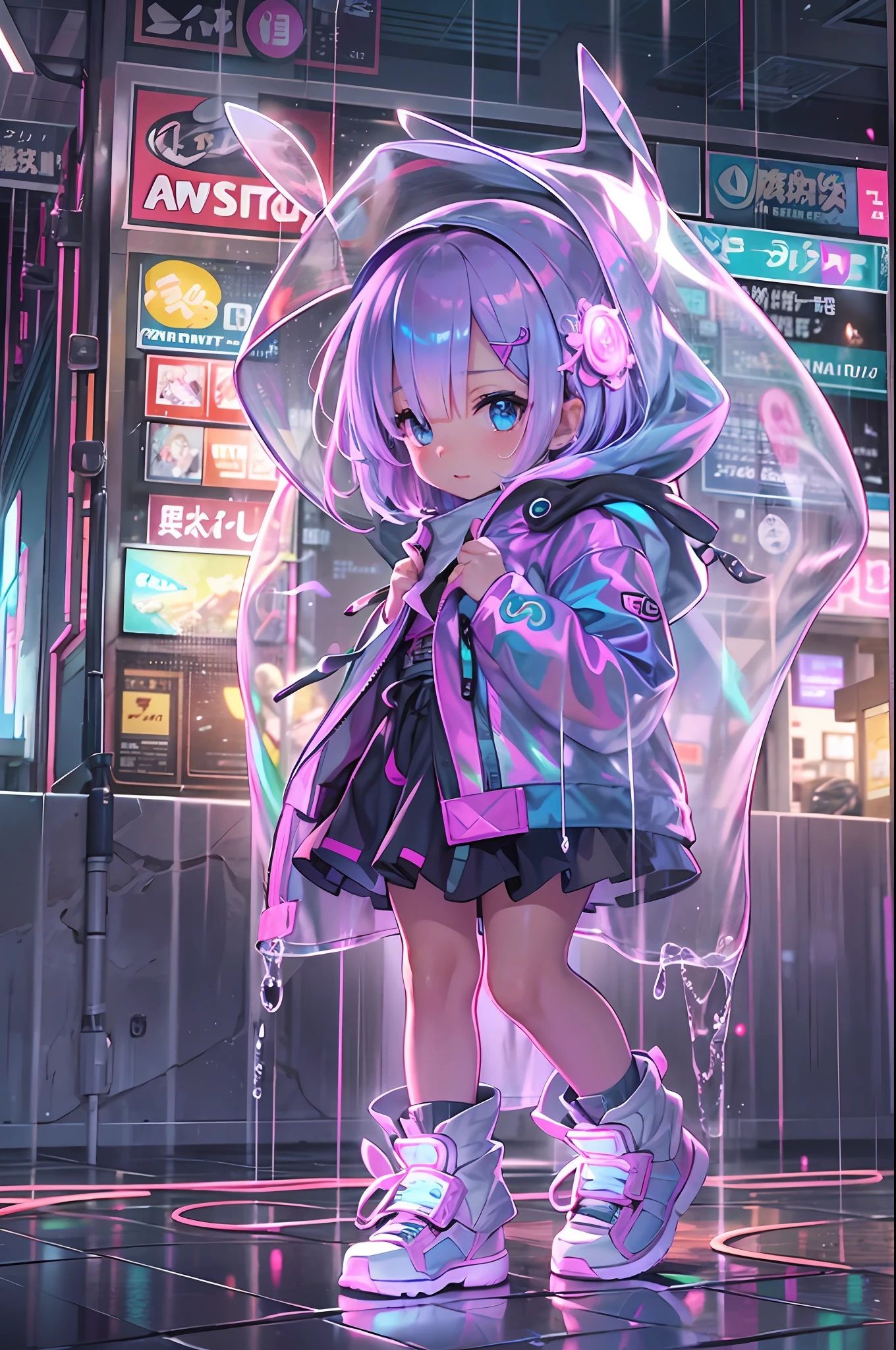 (Super cute Q version baby girl Rem standing in the rain in a clear plastic hoodie:1.4), illustration iridescent, magically glowing, shiny colorful, holograph, By Yuumei, Anime art wallpaper 8 K, Guviz-style artwork, Anime art wallpaper 4k, Anime art wallpaper 4 K, Beautiful anime artwork, Digital anime art, Guviz,(Full body like:1.5)