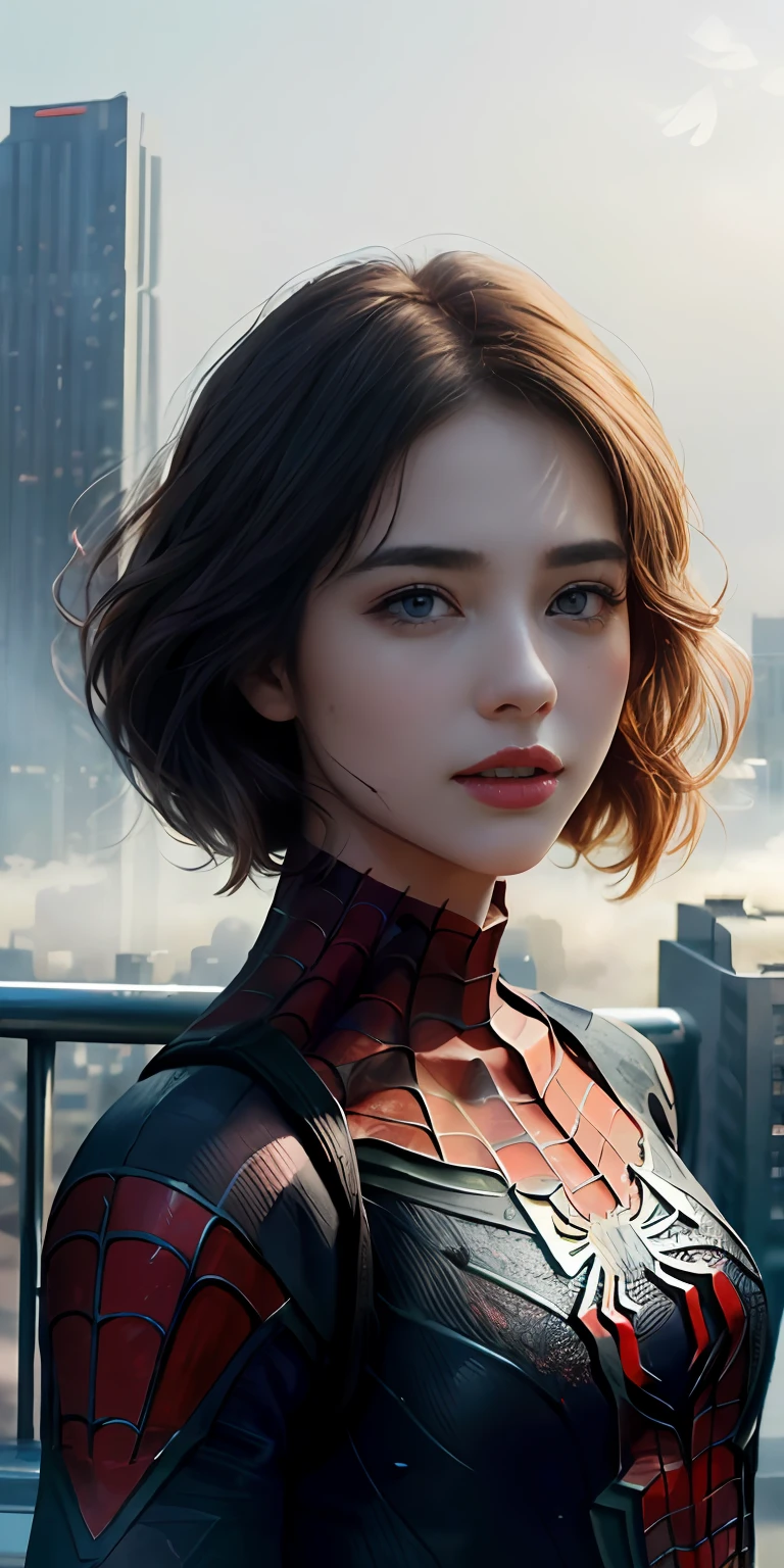 (1girl:1.3), Solo, (((Very detailed face)))), ((Very detailed eyes and face)))), Beautiful detail eyes, Body parts__, Official art, Unified 8k wallpaper, Super detailed, beautiful and beautiful, beautiful, masterpiece, best quality, original, masterpiece, super fine photo, best quality, super high resolution, realistic realism, sunlight, full body portrait, amazing beauty, dynamic pose, delicate face, vibrant eyes, (from the front), She wears Spider-Man suit, red and black color scheme, spider, very detailed city roof background, rooftop, overlooking the city, detailed face, detailed complex busy background, messy, gorgeous, milky white, highly detailed skin, realistic skin details, visible pores, clear focus, volumetric fog, 8k uhd, DSLR, high quality, film grain, fair skin, photo realism, lomography, futuristic dystopian megalopolis, translucent