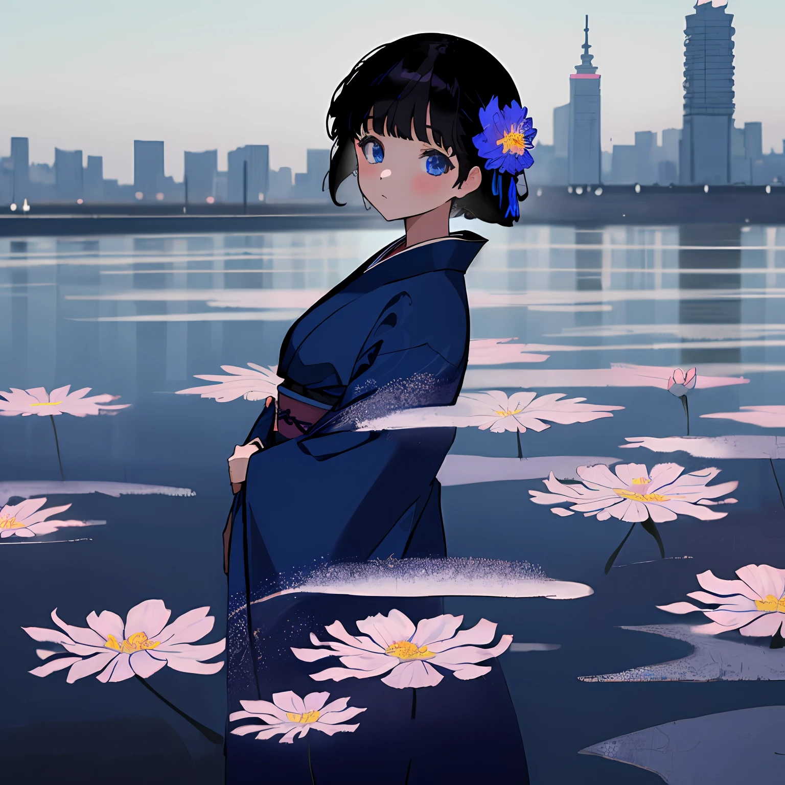 (masterpiece, best quality), 1girl, short black hair, blue eyes, wearing plain navy blue kimono with flower pattern, city, absurdres, high res, ultrasharp, 8K, masterpiece, looking at viewer