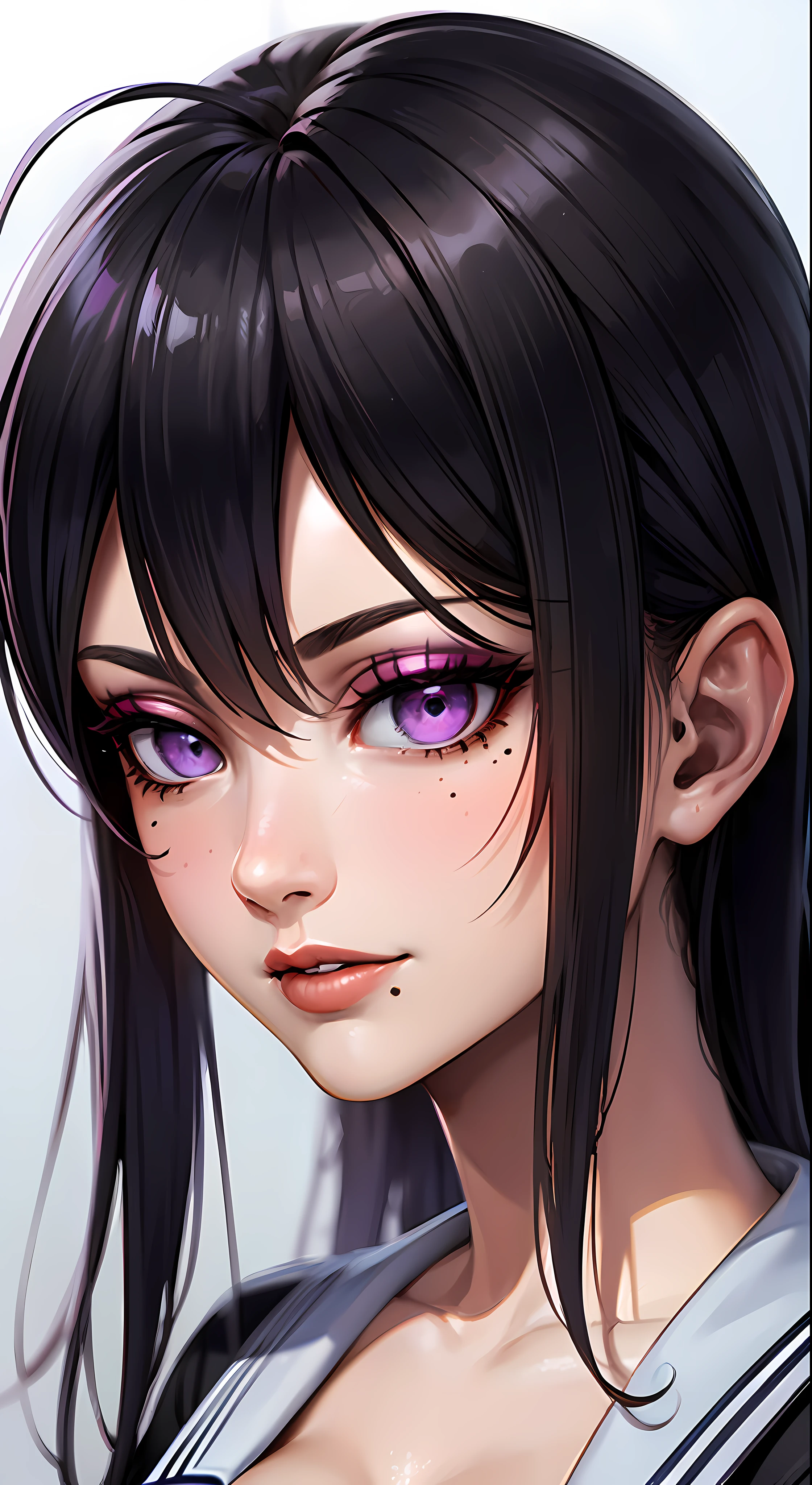(masterpiece:1.2, best quality1:1, ultra-detailed:1.2, best shadow, 8k:1.1), (contrasting background, plain white background), (beautiful detailed face), high contrast, (perfect illumination:1.2, beautiful color, delicate color), ((cinematic light)), colorful, hyper detail, dramatic light, intricate details, (1 girl, solo, black hair, sharp face, messy long hair:1.2, wavy hair:1.1, purple eyes, glowing eyes, dynamic angle, highschool outfit, schoolgirl, upper body:1.2), (eye focus:0.9), (beautiful eyes), (purple theme), (center focus:1.2), depth of field, dark purple particles, (purple aura), makeup, red lipstick, red eyeshadow, hyperdetail makeup, hyperdetail lipstick, hyperdetail eyeshadow, 1 mole near cleavage