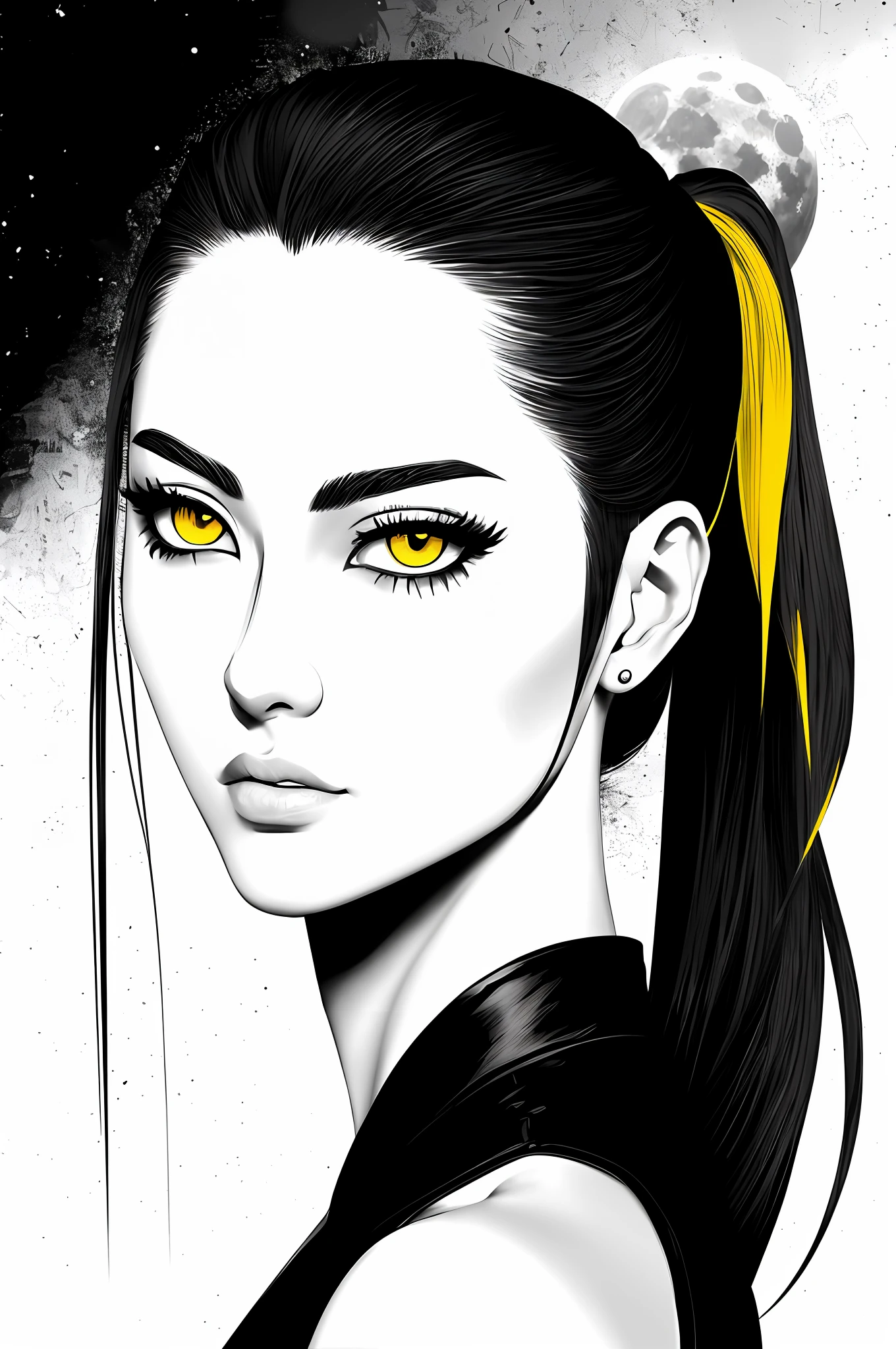 (masterpiece), 1girl, best quality, expressive eyes, perfect face,mature female, ponytail, slim body, yellow eyes, flat freen color, lineart, abstract, moon , yellow theme, greyscale, monochrome, pissed, fierce, dynamic pose