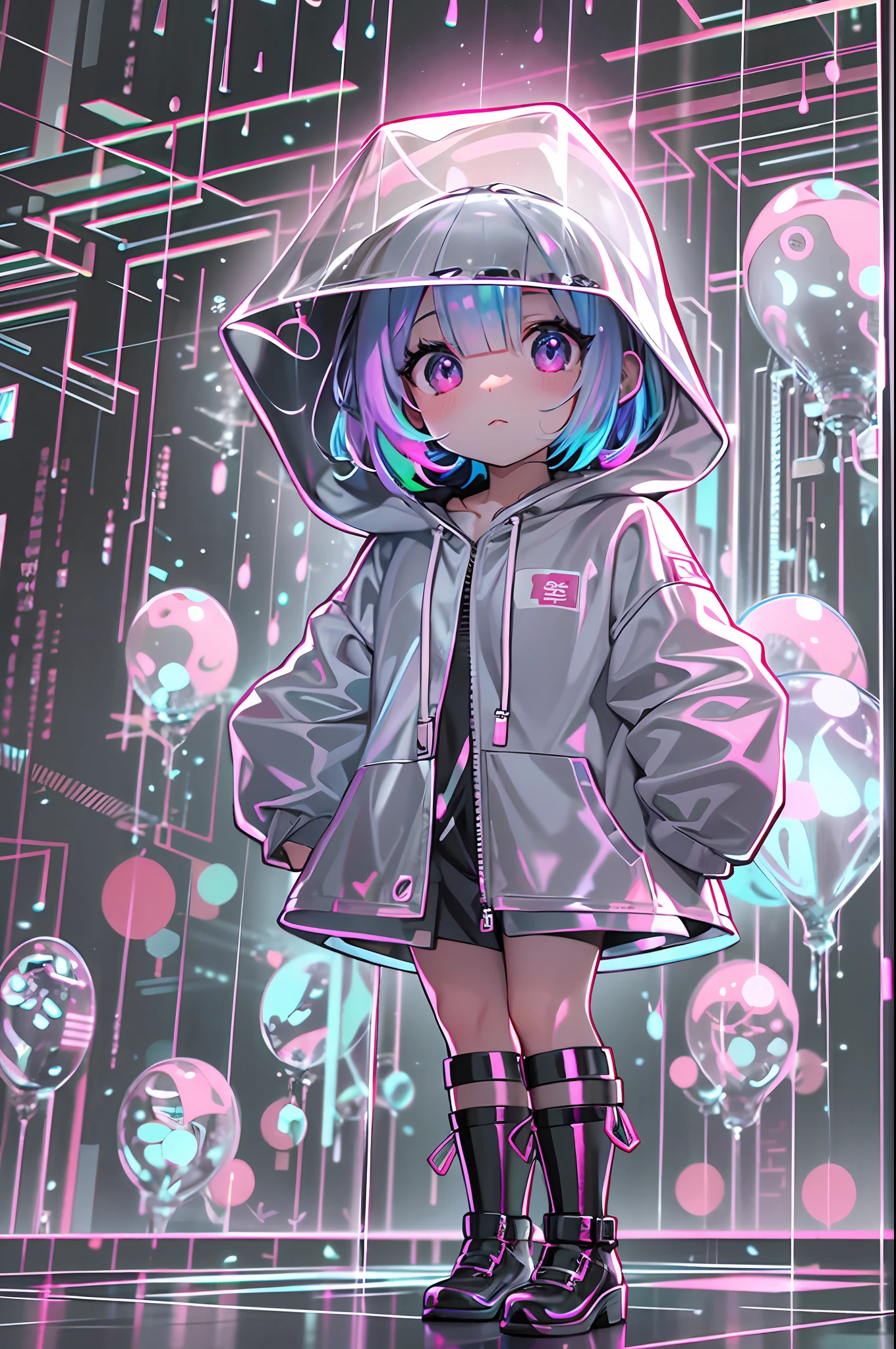 (Super cute Q version baby girl Rem standing in the rain in a clear plastic hoodie:1.4), illustration iridescent, magically glowing, shiny colorful, holograph, By Yuumei, Anime art wallpaper 8 K, Guviz-style artwork, Anime art wallpaper 4k, Anime art wallpaper 4 K, Beautiful anime artwork, Digital anime art, Guviz,(full bodyesbian:1.5)