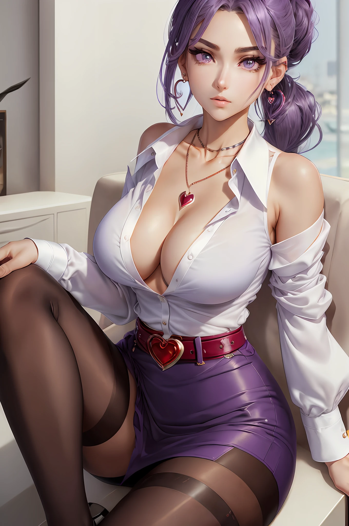 purple hair purple eyes low ponytail shoulder-length hair one oblique strand hair band blue hair band asymmetrical hair hair strand (((best quality:1.2, masterpiece:1.1, ultra-detailed))), sfw, (sitting, crossed legs), 1girl, solo, gundou misuzu mature female, , detailed eyes, detailed body, smooth skin, plump body, beautiful face, wide hip, cleavage, collarbone, (earrings, jewelry, long_sleeves, belt, heart_necklace, white shirt, collared shirt, pantyhose, pencil skirt, red jacket), (serious expression), breasts, medium breasts, perfect medium (looking down), (cowboy shot) --auto