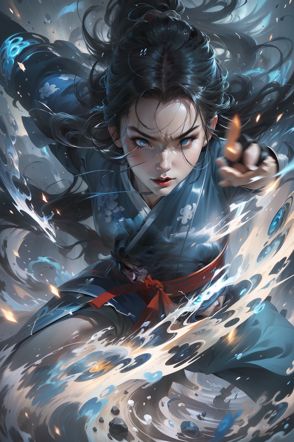 an extreme closeup shot，Martial arts action，battle mode，Extreme streams，Motion blur，Blue sword light，turbulence，thunderclap，Flowing hair,，grim eyes，rainwater,Cinema lenses，lightand shade contrast，Contre-Jour，Created by Xu Beihong，National comic series，Chinese big splash ink style