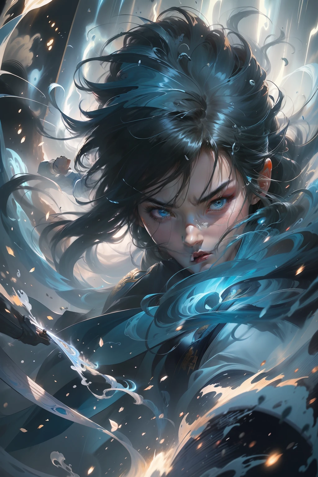 an extreme closeup shot,Martial arts action,battle mode,Extreme streams,Motion blur,Blue sword light,turbulence,thunderclap,Flowing hair,,grim eyes,rainwater,Cinema lenses,lightand shade contrast,Contre-Jour,Created by Xu Beihong,National comic series,Chinese big splash ink style