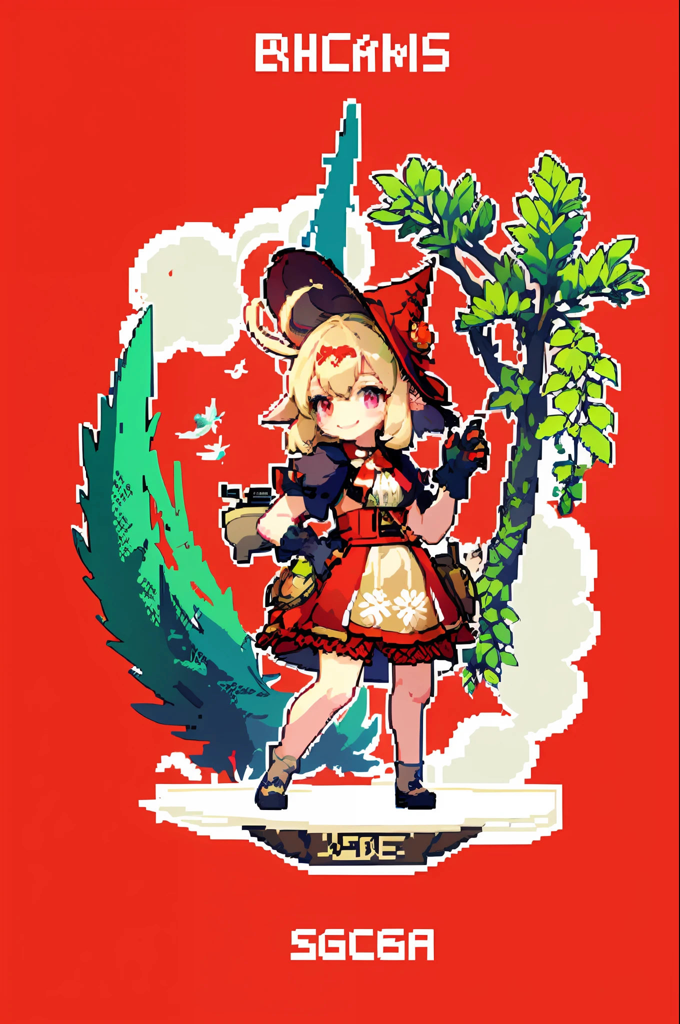 pixel, pixel art, 1girl, body, smile, poster, fantasy world background, red background