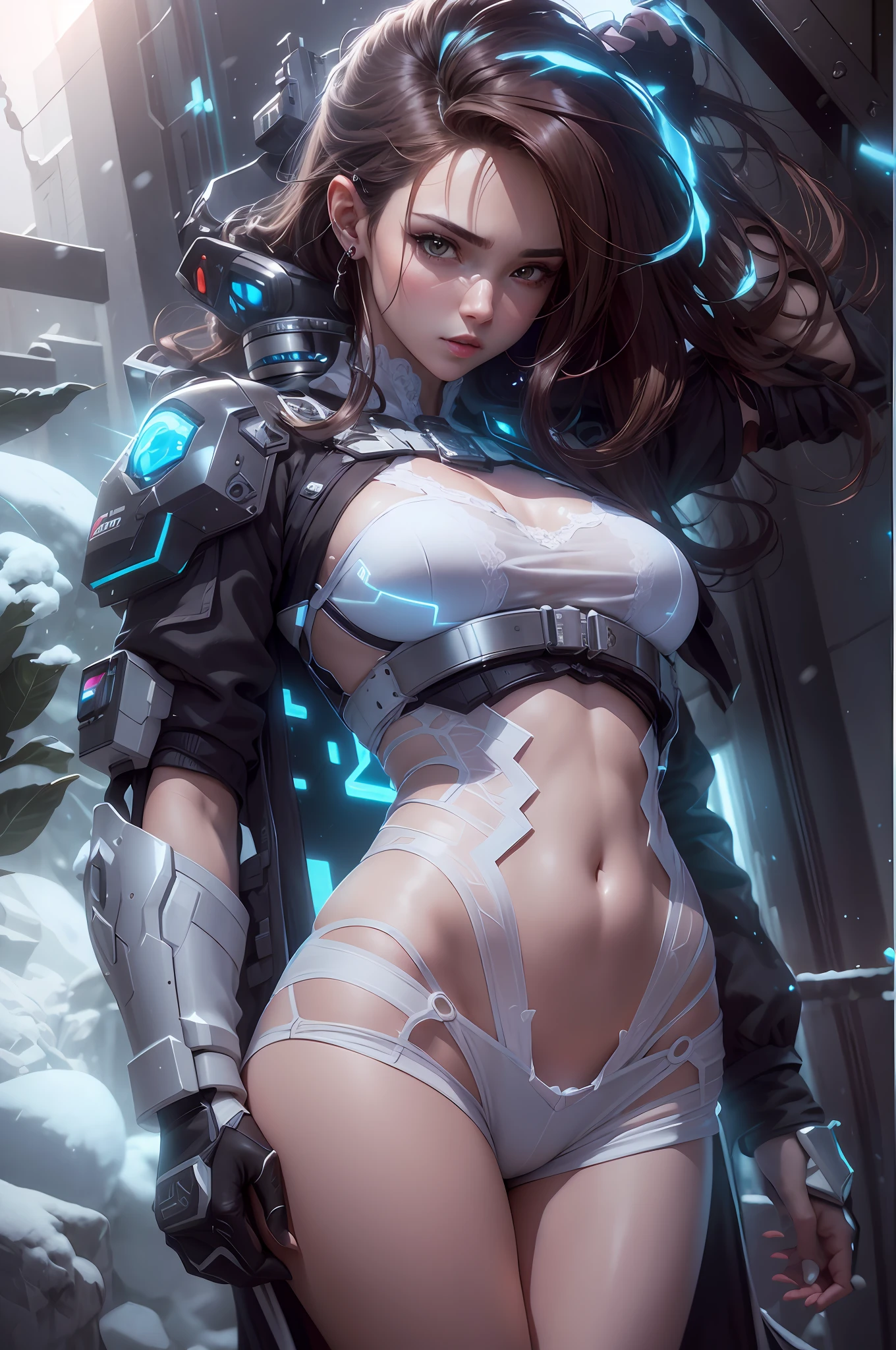 ((best qualtiy)), ((tmasterpiece)), (the detail:1.4), 3D, A beautiful cyberpunk female image,hdr(HighDynamicRange),Ray traching,NVIDIA RTX,Hyper-Resolution,Unreal 5,Subsurface scattering、PBR Texture、post-proces、Anisotropy Filtering、depth of fields、maximum definition and sharpness、Many-Layer Textures、Albedo e mapas Speculares、Surface coloring、Accurate simulation of light-material interactions、perfectly proportions、rendering by octane、Two-colored light、largeaperture、Low ISO、White balance、the rule of thirds、8K raw data、((best qualtiy)), ((tmasterpiece)), (the detail:1.4), Busty body 3D,Front fill light,hdr(HighDynamicRange),Ray traching,NVIDIA RTX,Hyper-Resolution,Unreal 5,Subsurface scattering、PBR Texture、post-proces、Anisotropy Filtering、depth of fields、maximum definition and sharpness、Many-Layer Textures、Albedo e mapas Speculares、Surface coloring、Accurate simulation of light-material interactions、perfectly proportions、rendering by octane、Two-colored light、largeaperture、Low ISO、White balance、the rule of thirds、8K raw data、Raised translucent top, Smaller top, Smaller white lace shorts, Raised, Mature feminization, Flattering eyes, White lace translucent top,Flat bare abdomen, Snow-white thighs, White lace stockings, Bare arms, Mature charm deep V open neck, Long reddish-brown shiny hair, White lace translucent shorts perfect body 9 head beauty The body contains thunder and lightning