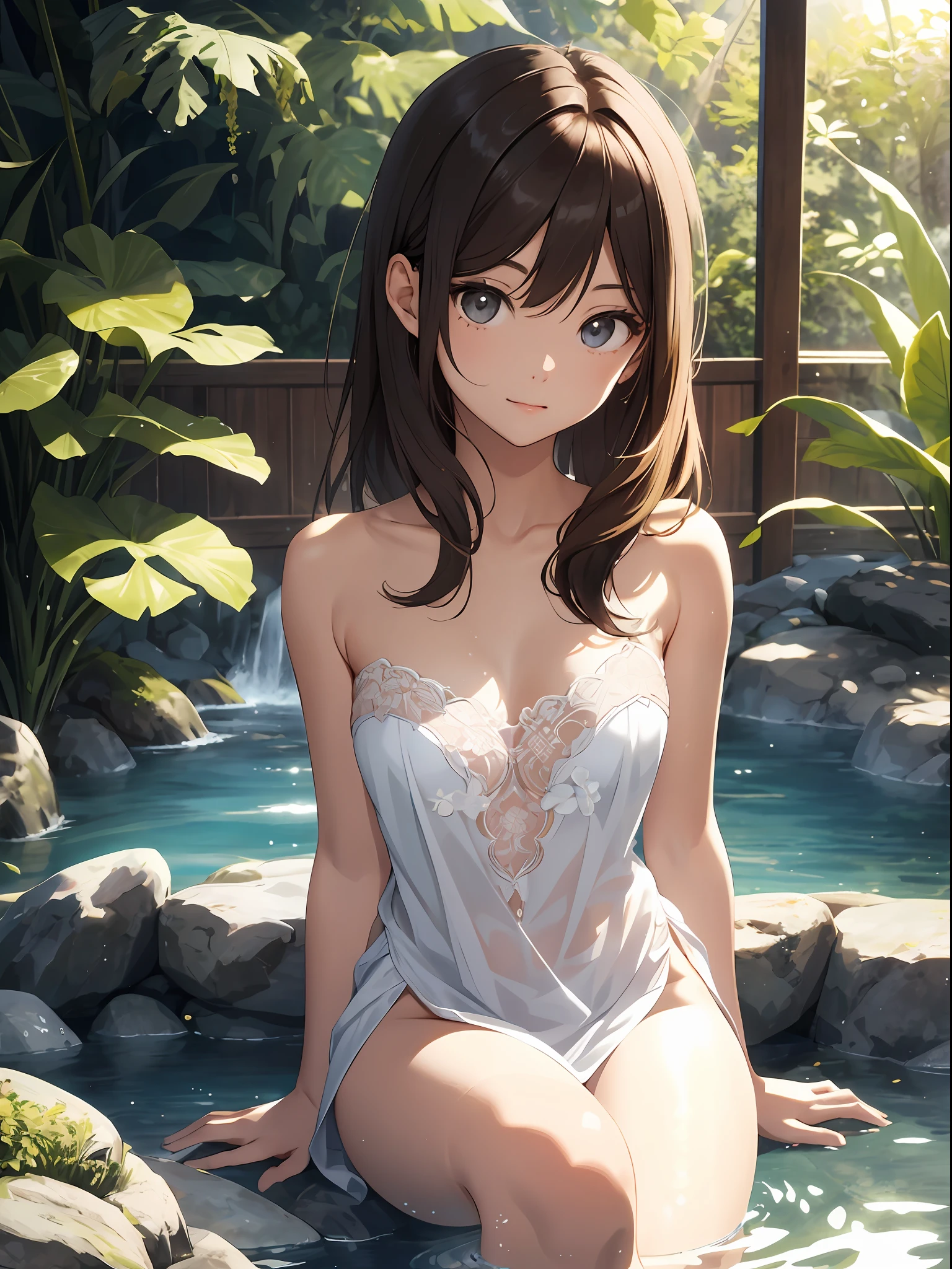 Beautiful fece, ​masterpiece, top-quality, hiqcgbody, animesque, 1girl in, Medium chest,, portrait shot, Look at viewers,,Southland,hot onsen ,Medium Hair,wetted skin, intricate detailes、Very pretty girl、Kawaii Girl、Bath naked、brown haired、sitting on、